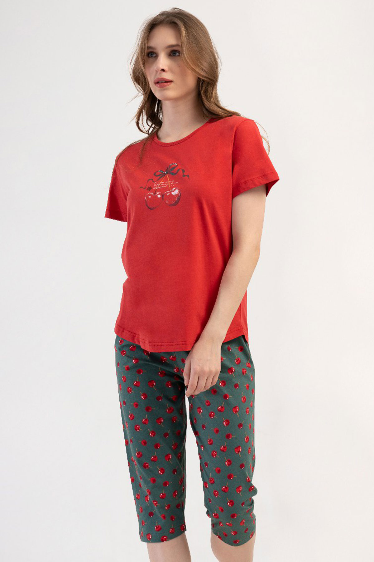 Pamuklu Kadın Büyük Beden Kısa Kol Kaprili Pijama Takım
