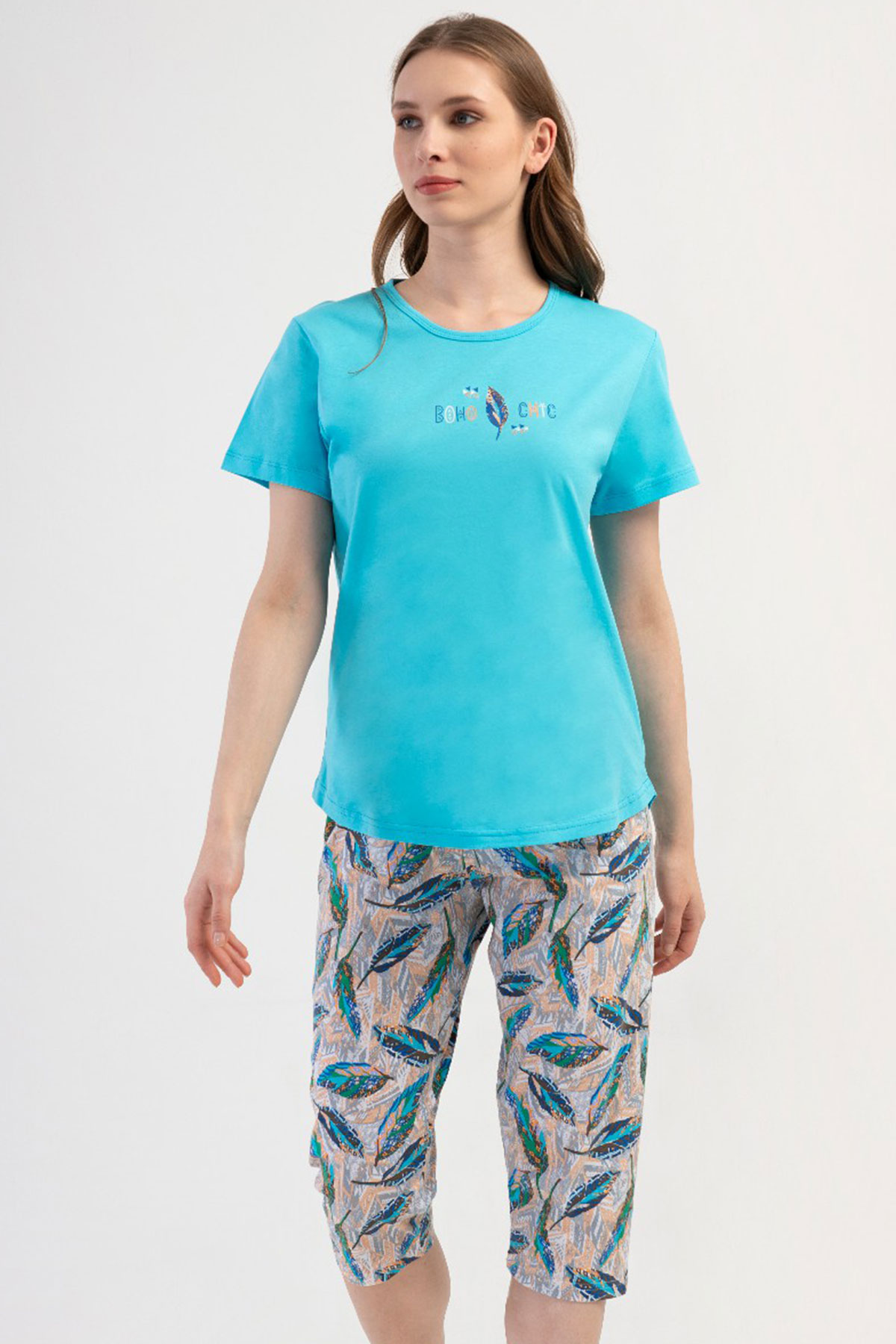 Pamuklu Kadın Büyük Beden Kısa Kol Kaprili Pijama Takım

