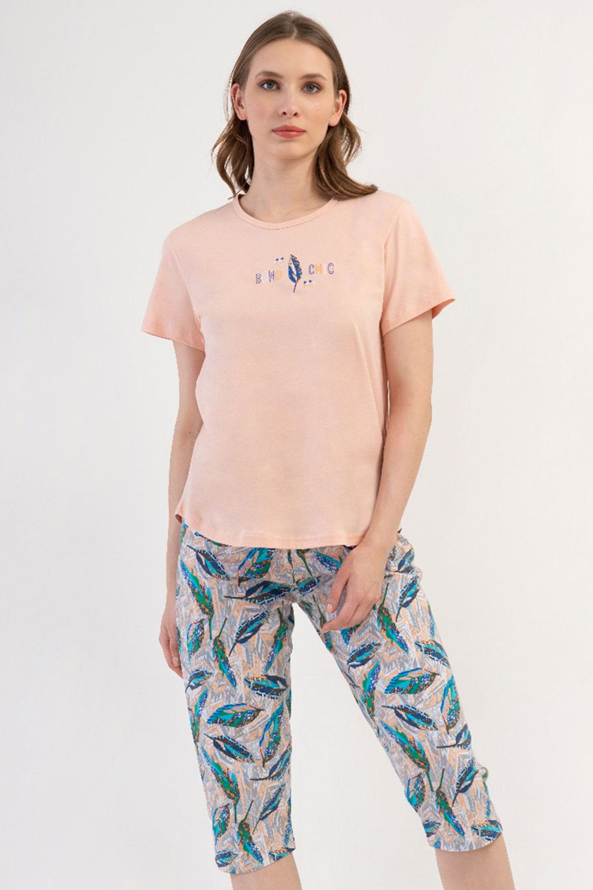 Pamuklu Kadın Büyük Beden Kısa Kol Kaprili Pijama Takım
