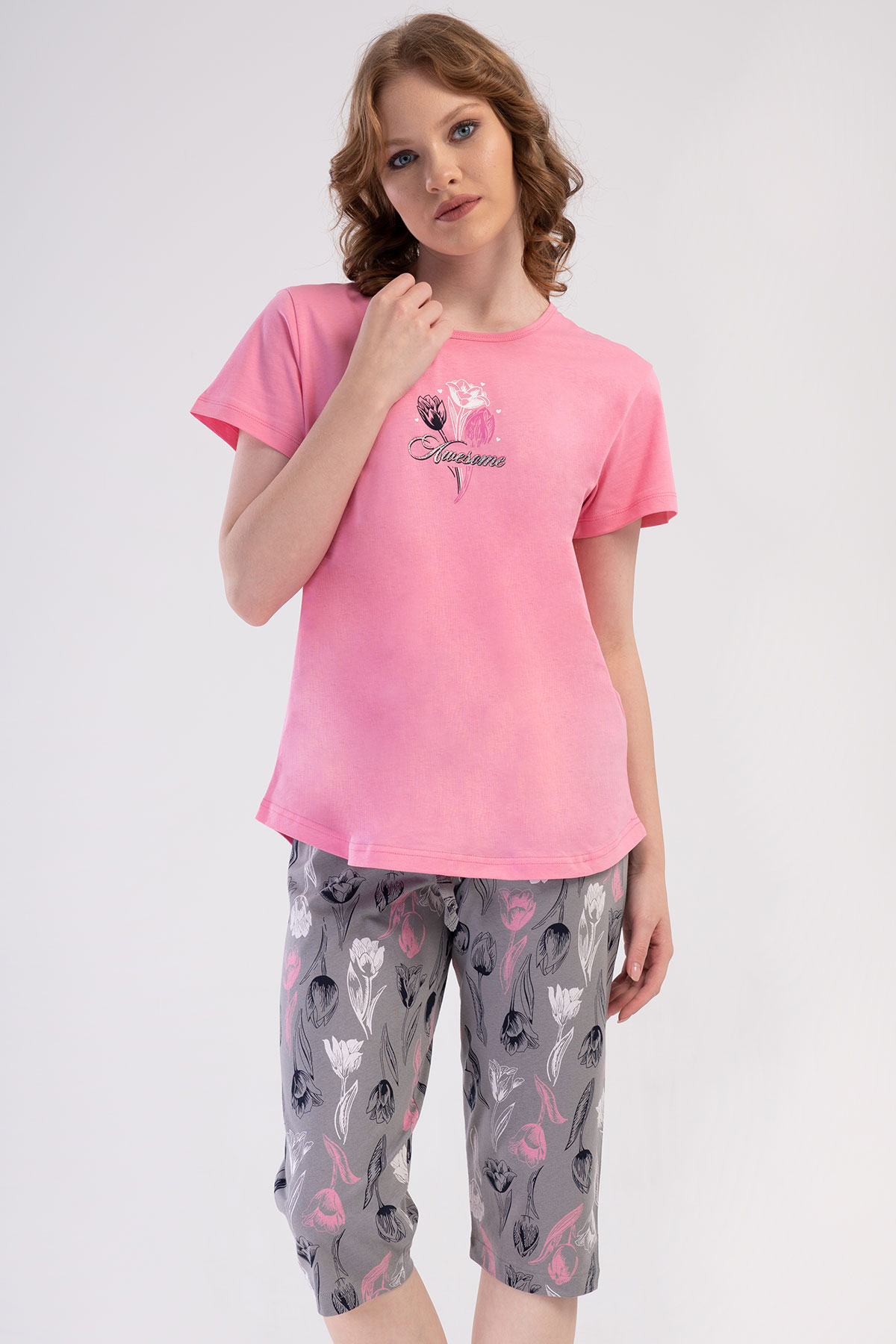 Pamuklu Kadın Kısa Kol Kaprili Pijama Takım
