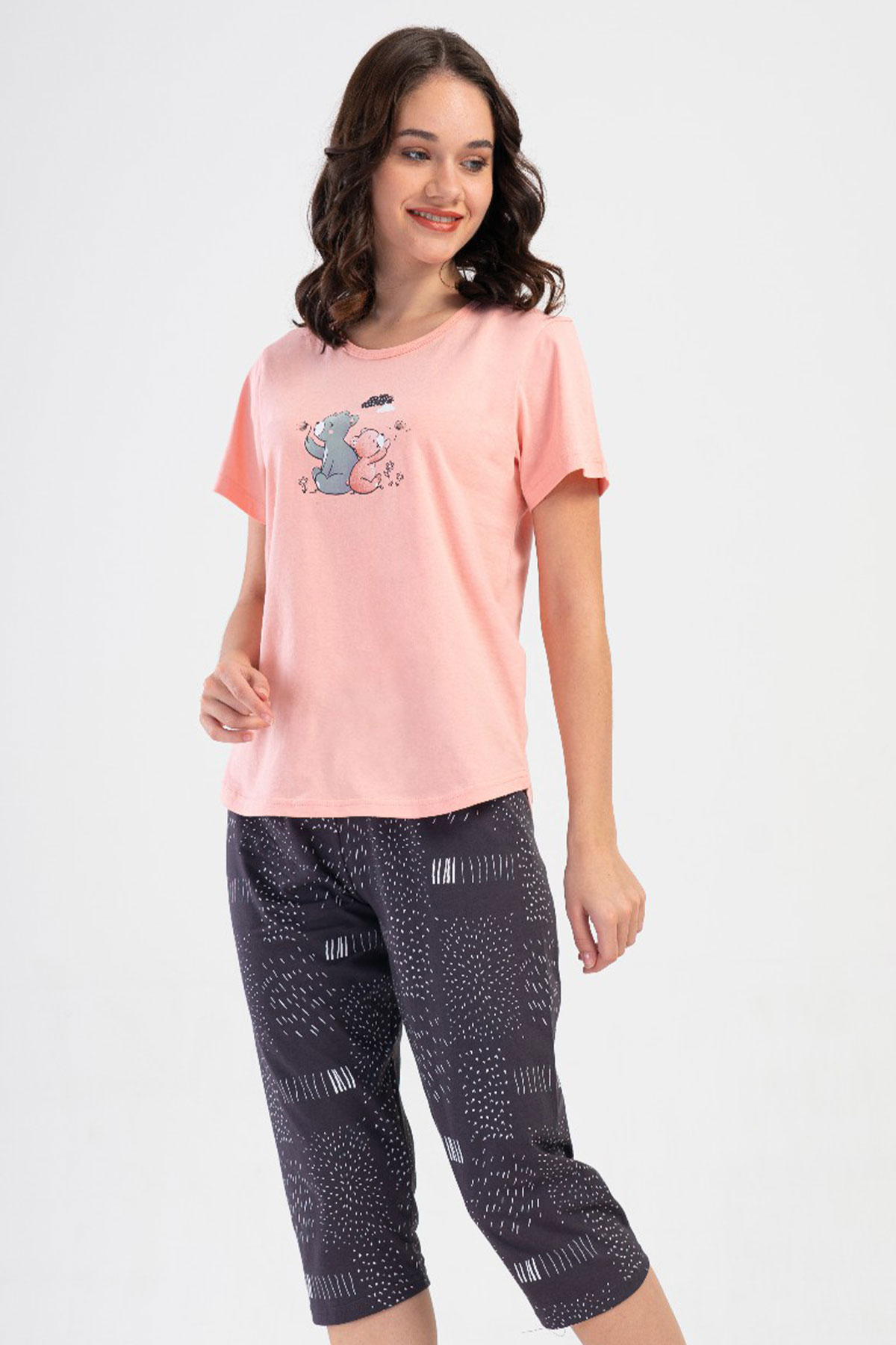 Pamuklu Kadın Kısa Kol Kaprili Pijama Takım
