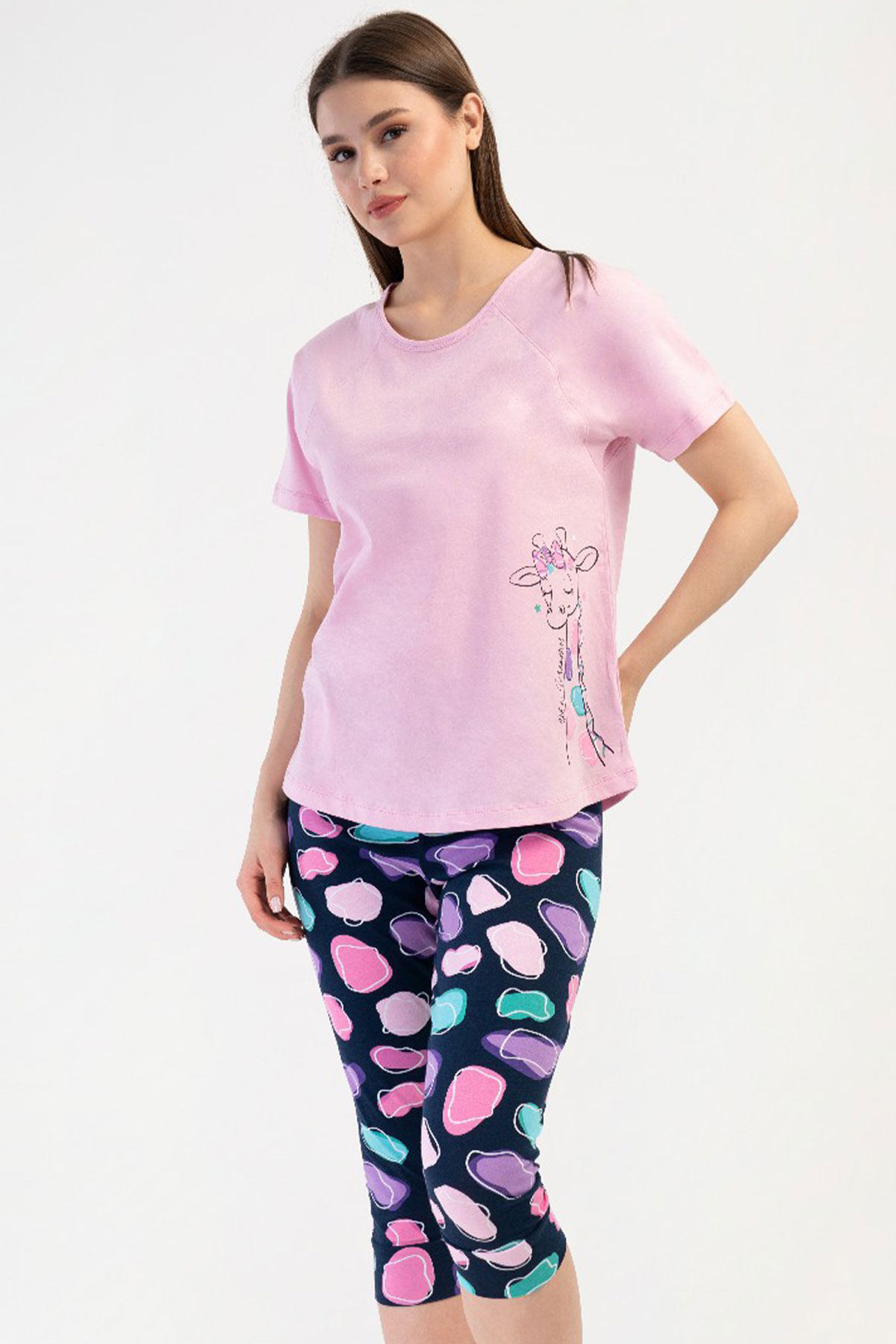 Pamuklu Kadın Kısa Kol Kaprili Pijama Takım
