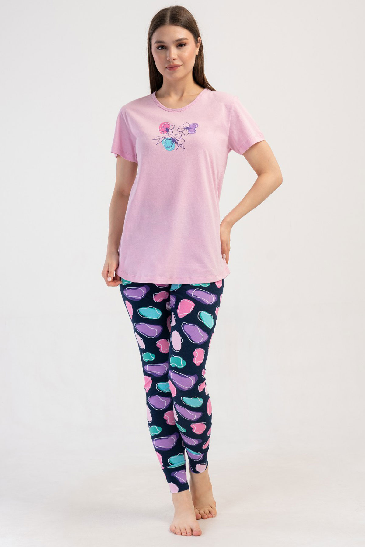 Pamuklu Kadın Kısa Kol Bluzu Uzun Tayt Pijama Takım
