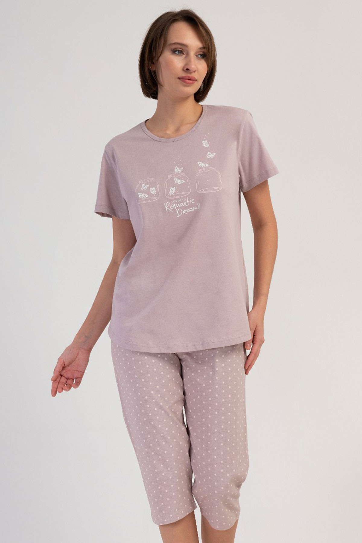 Pamuklu Kadın Büyük Beden Kısa Kol Kaprili Pijama Takım
