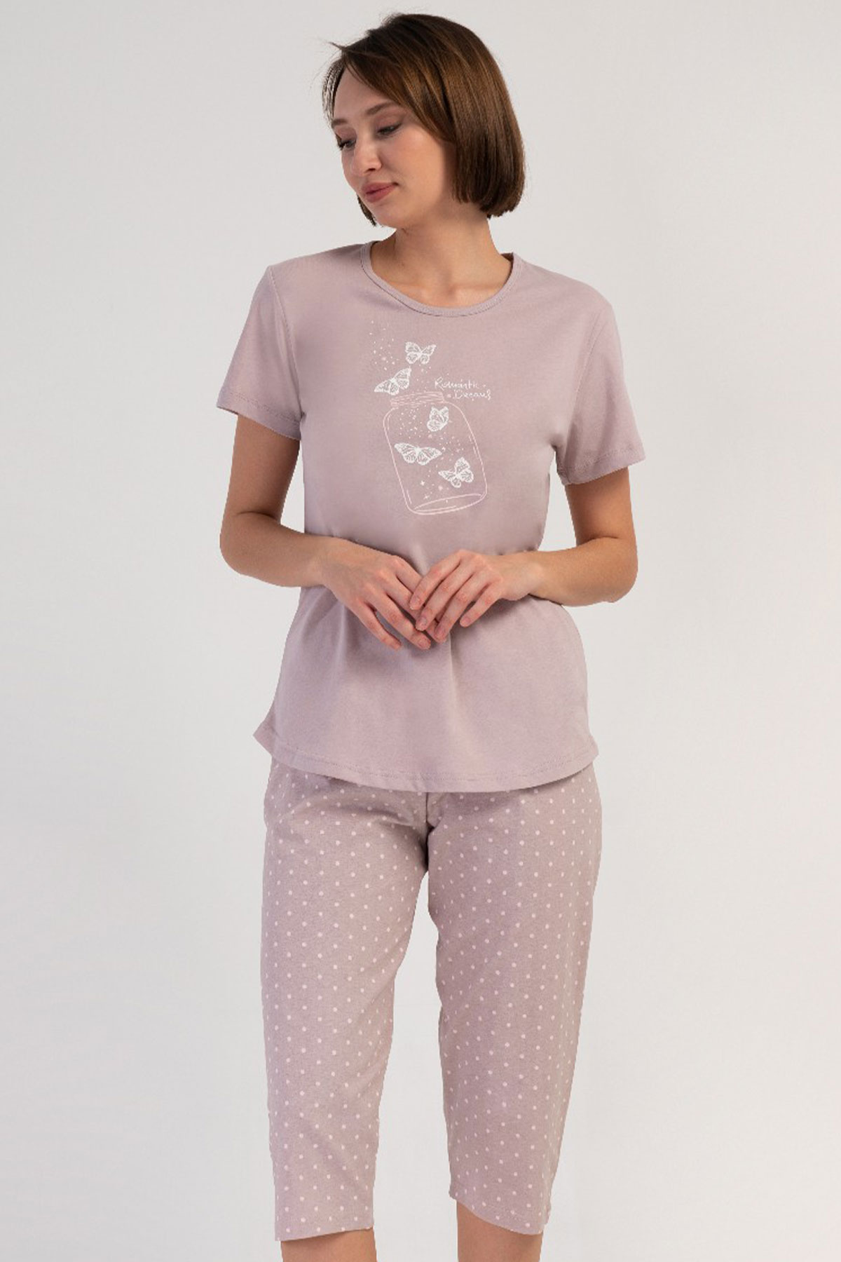 Pamuklu Kadın Kısa Kol Kaprili Pijama Takım
