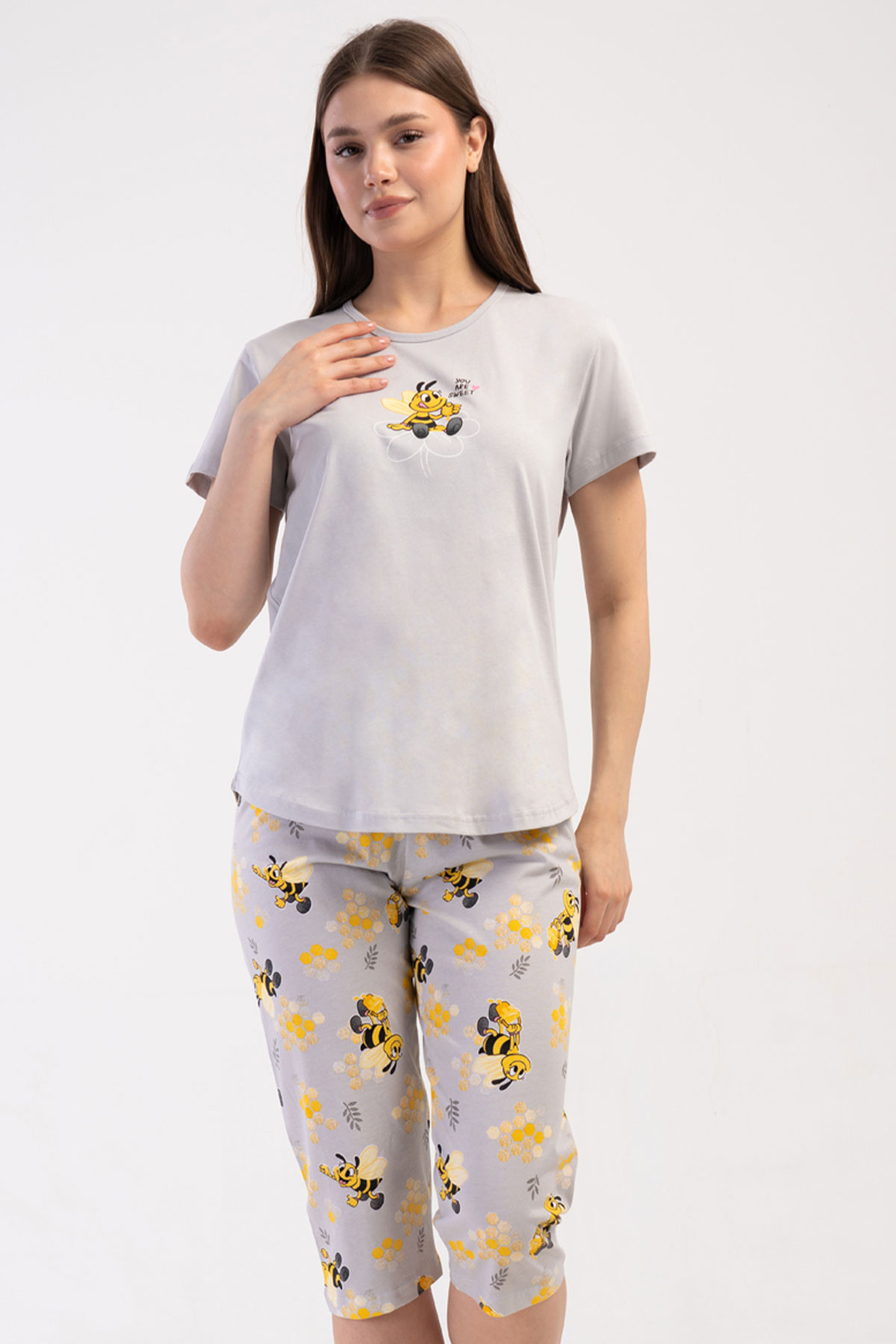 Pamuklu Kadın Kısa Kol Kaprili Pijama Takım
