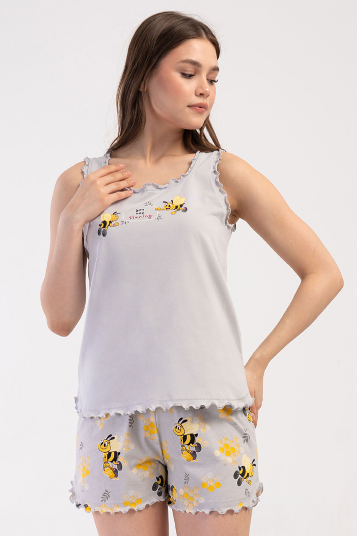 Pamuklu Kadın Genıs Askılı Şortlu Pijama Takım
