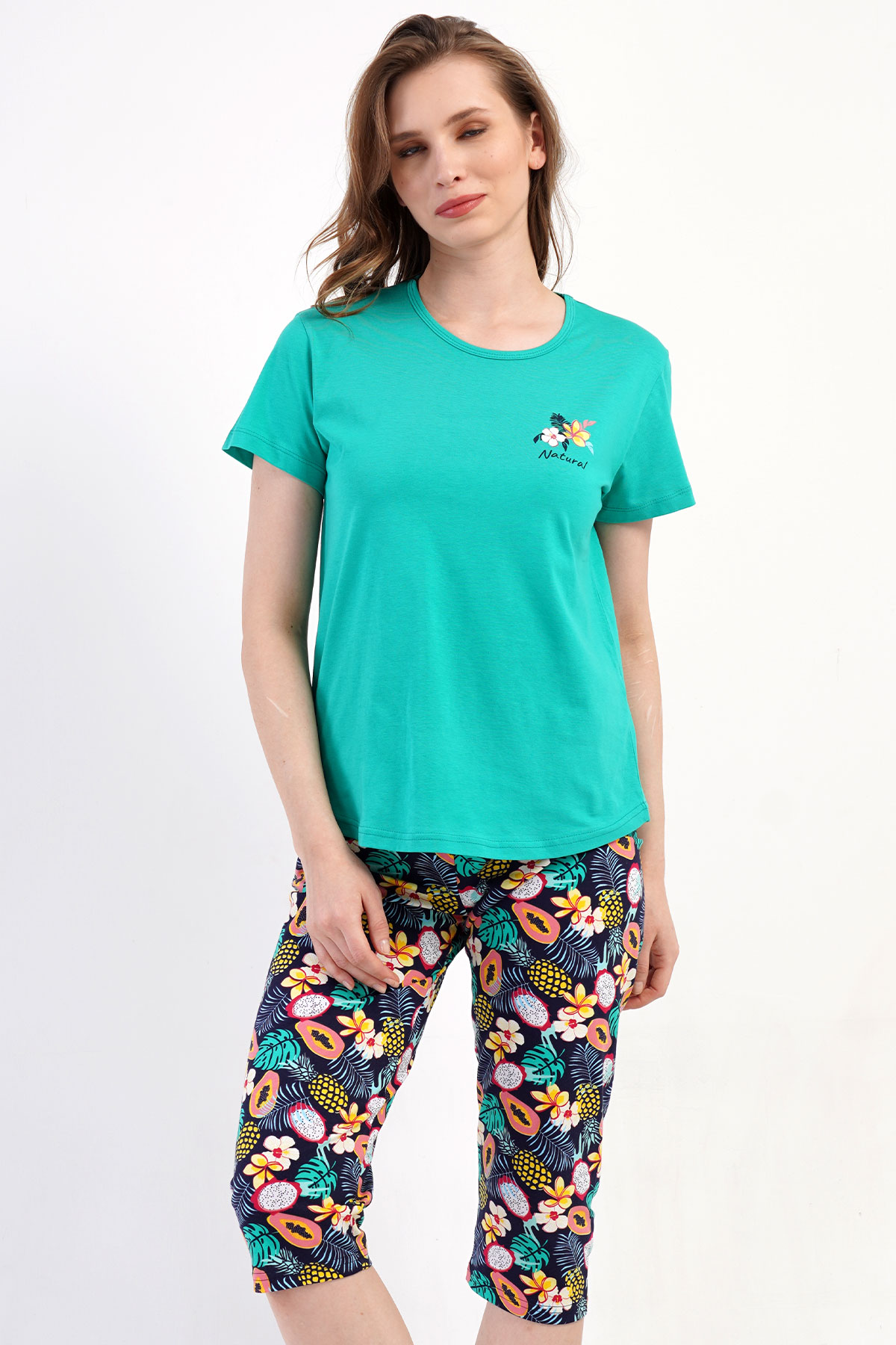 Pamuklu Kadın Kısa Kol Kaprili Pijama Takım
