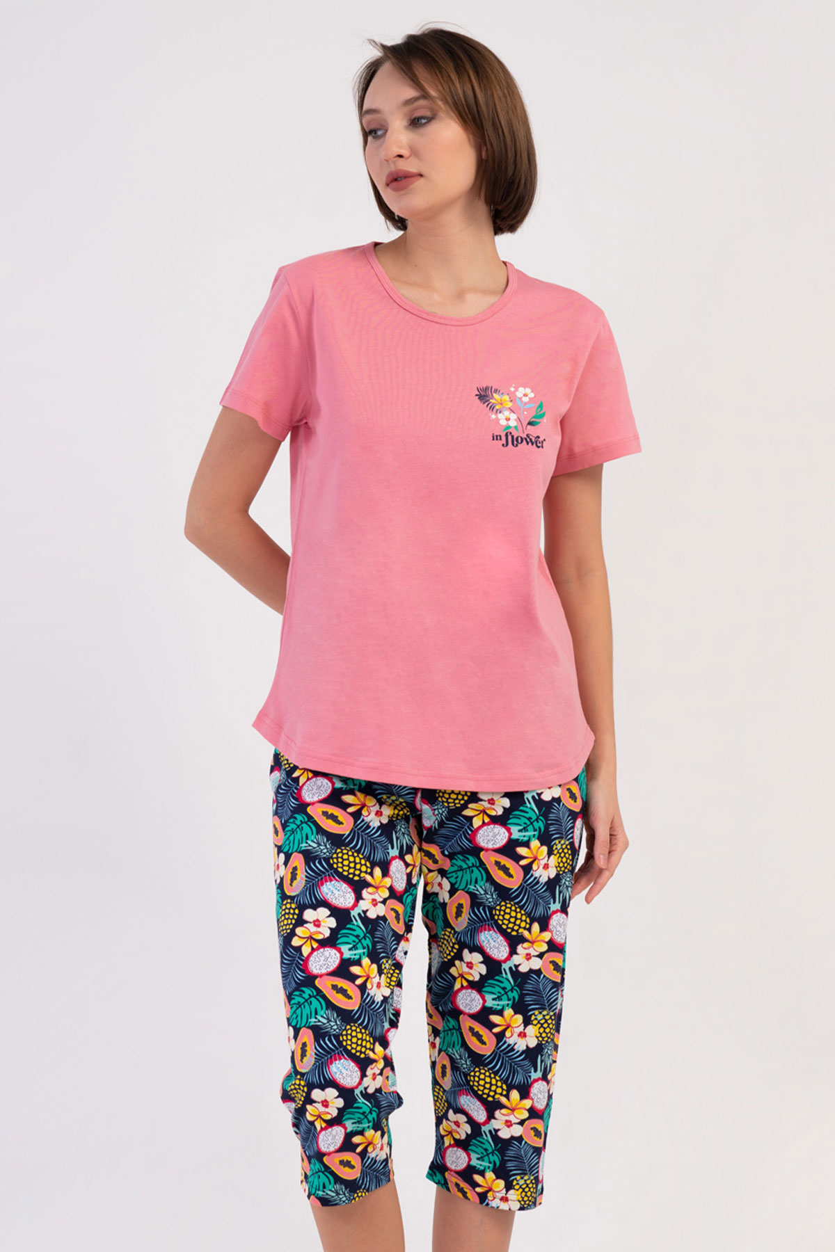 Pamuklu Kadın Büyük Beden Kısa Kol Kaprili Pijama Takım
