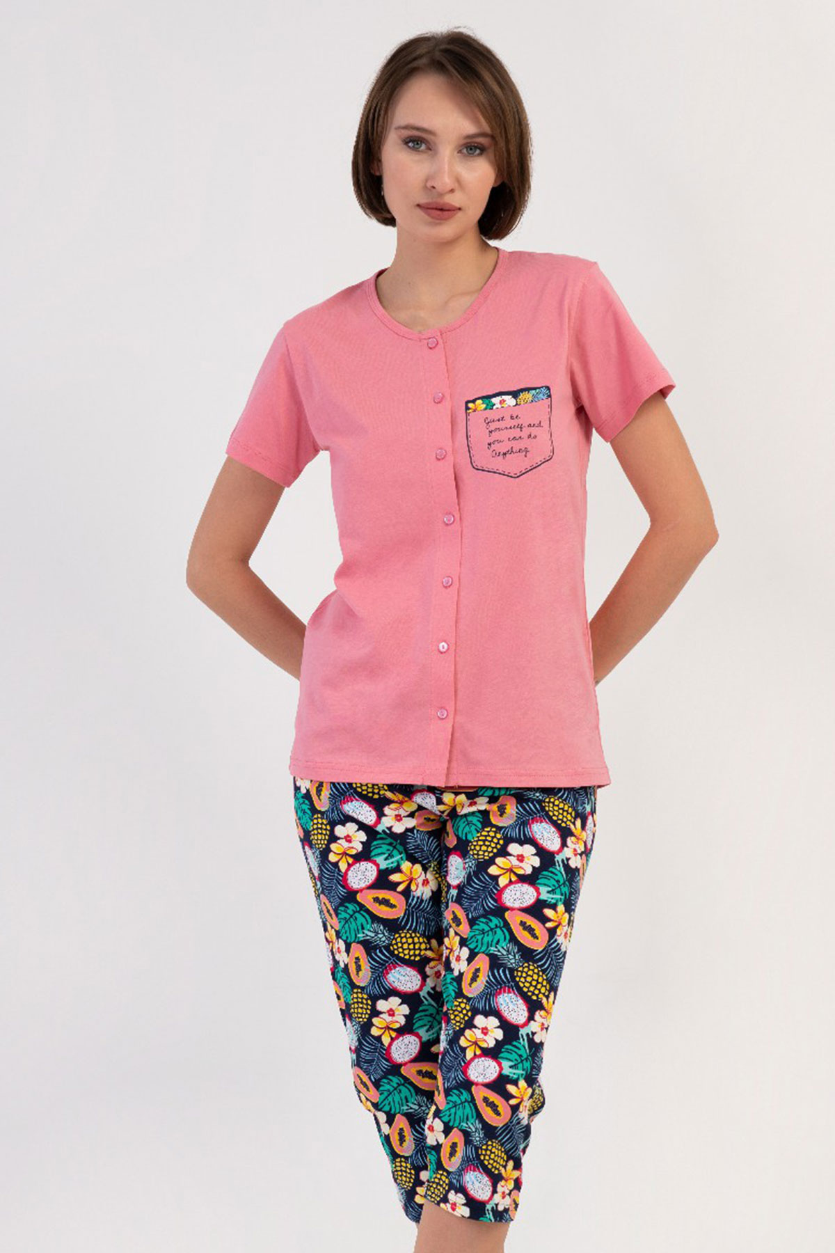 Pamuklu Kadın Tamamı Düğmeli Kısa Kol Kaprili Pijama Takım
