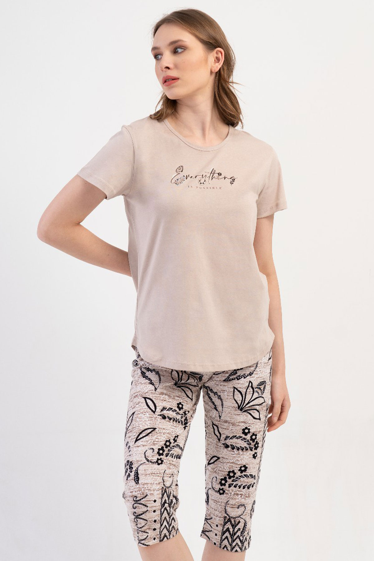 Pamuklu Kadın Kısa Kol Kaprili Pijama Takım
