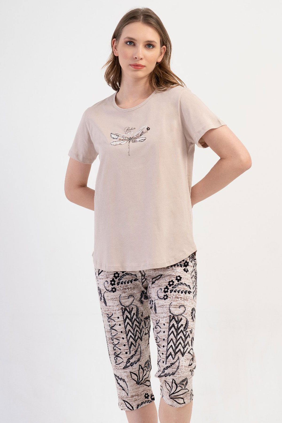 Pamuklu Kadın Büyük Beden Kısa Kol Kaprili Pijama Takım

