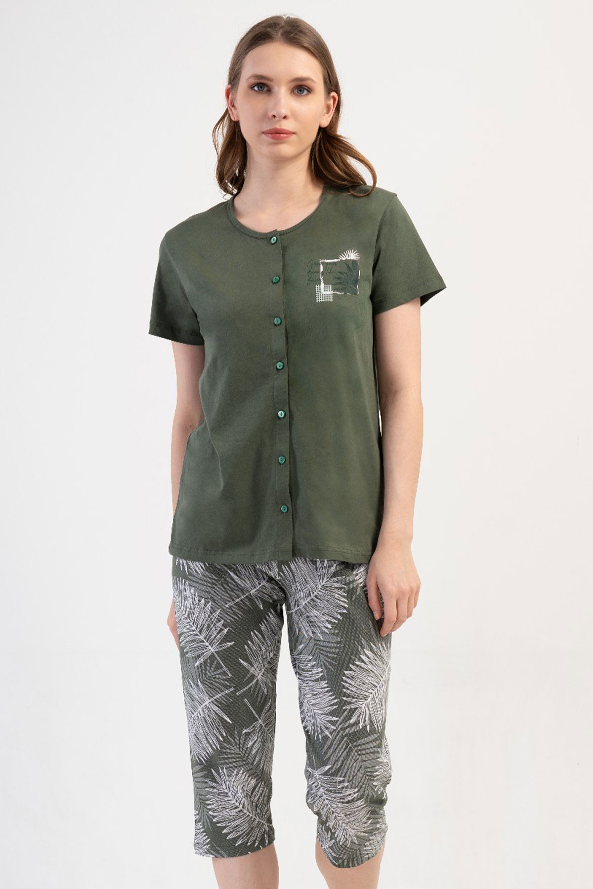 Pamuklu Kadın Tamamı Düğmeli Kısa Kol Kaprili Pijama Takım
