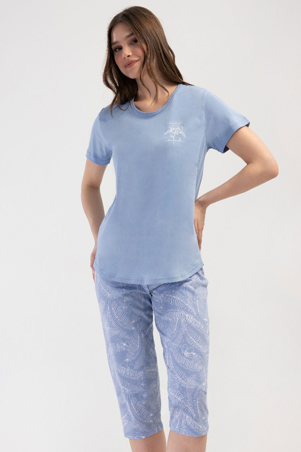 Pamuklu Kadın Kısa Kol Kaprili Pijama Takım
