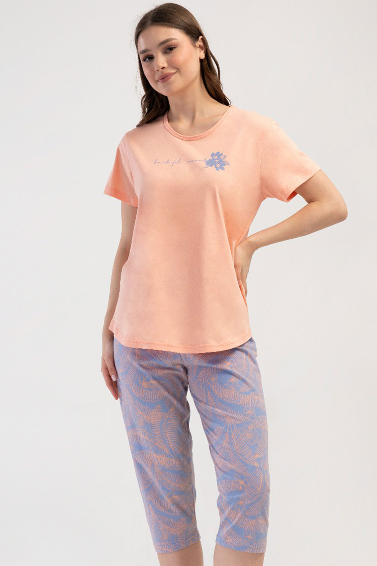 Pamuklu Kadın Büyük Beden Kısa Kol Kaprili Pijama Takım
