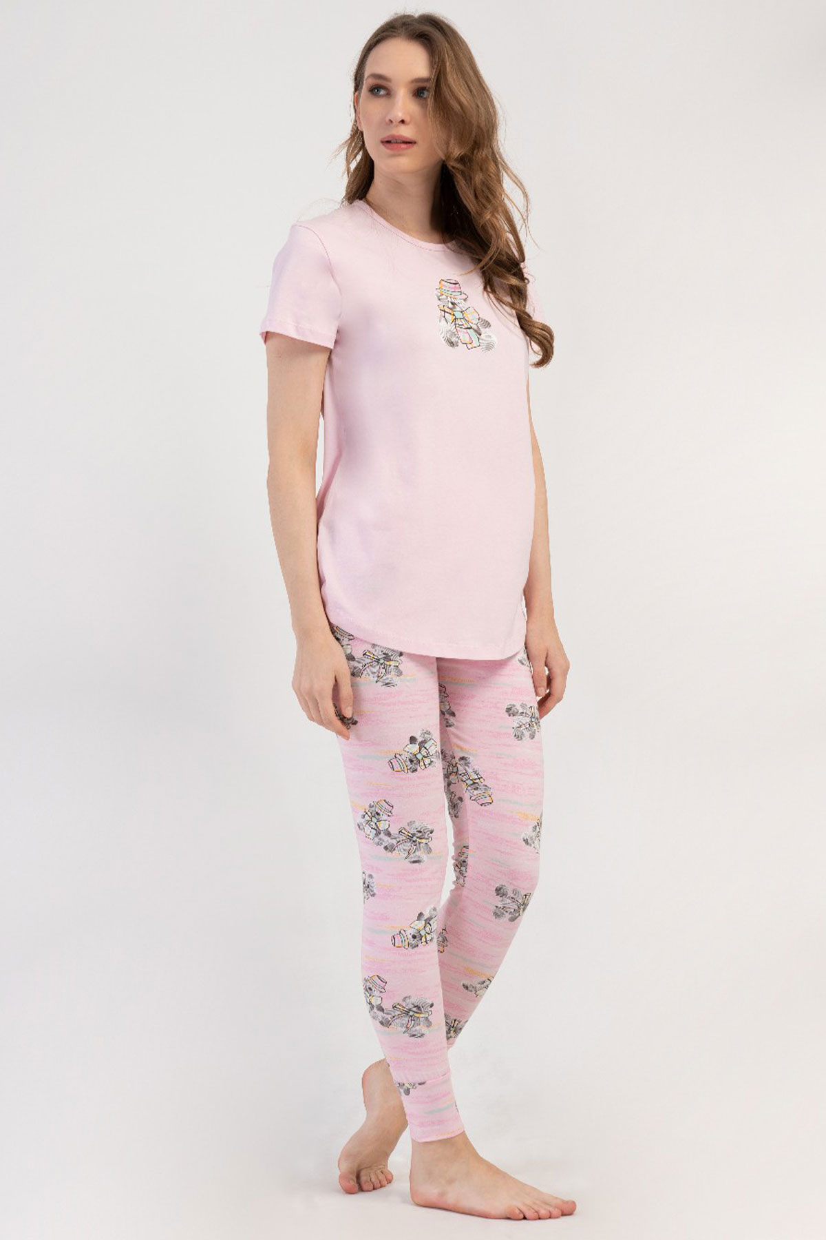 Pamuklu Kadın Kısa Kol Bluzu Uzun Tayt Pijama Takım
