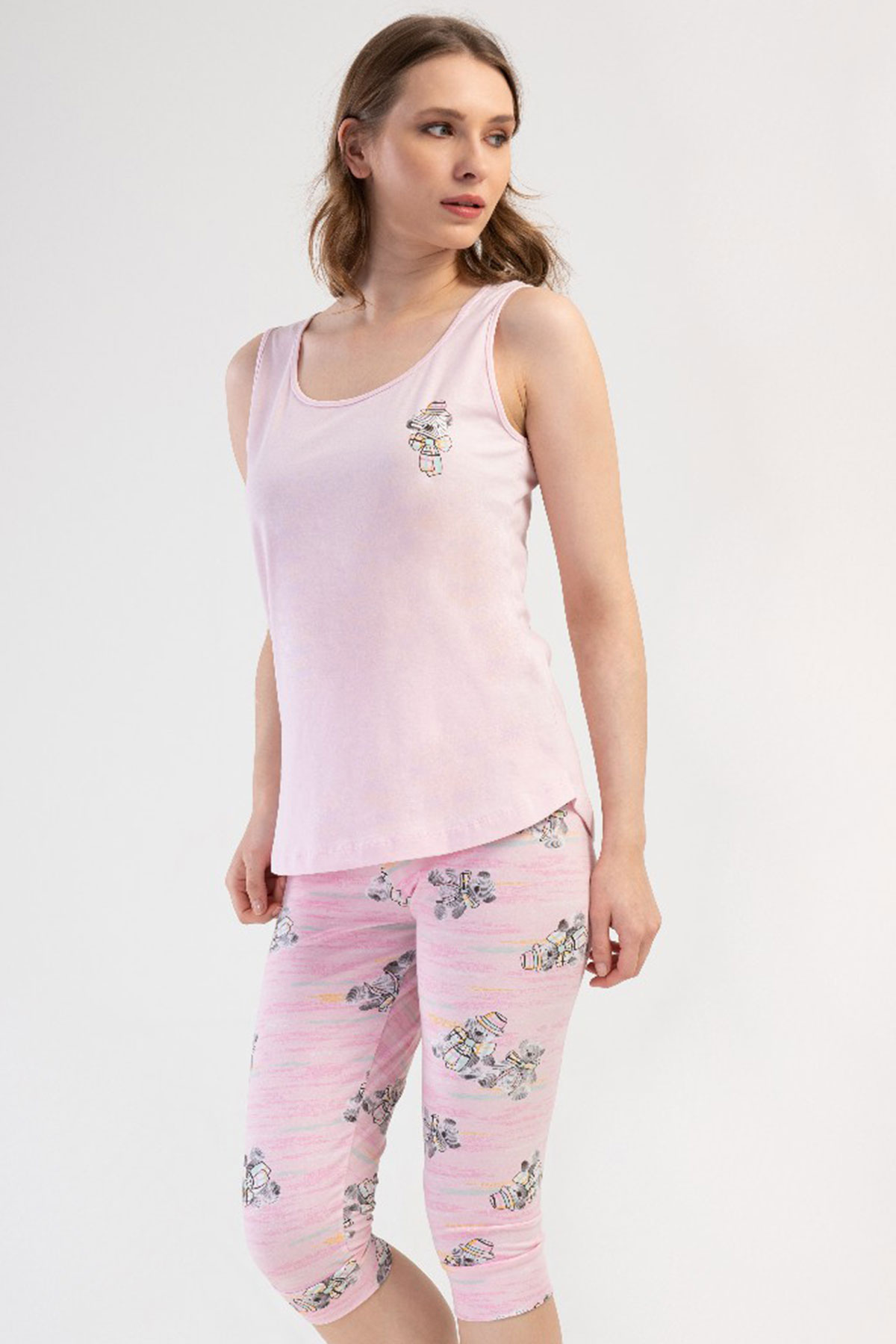 Pamuklu Kadın Genıs Askılı Kaprili Pijama Takım
