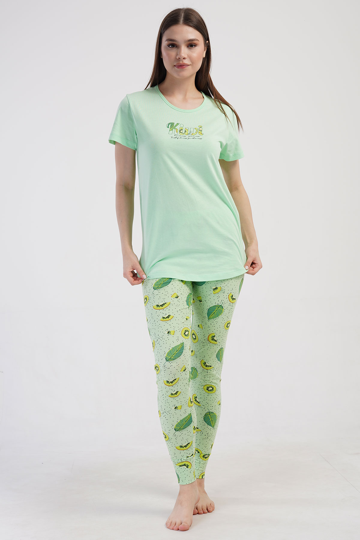 Pamuklu Kadın Kısa Kol Bluzu Uzun Tayt Pijama Takım
