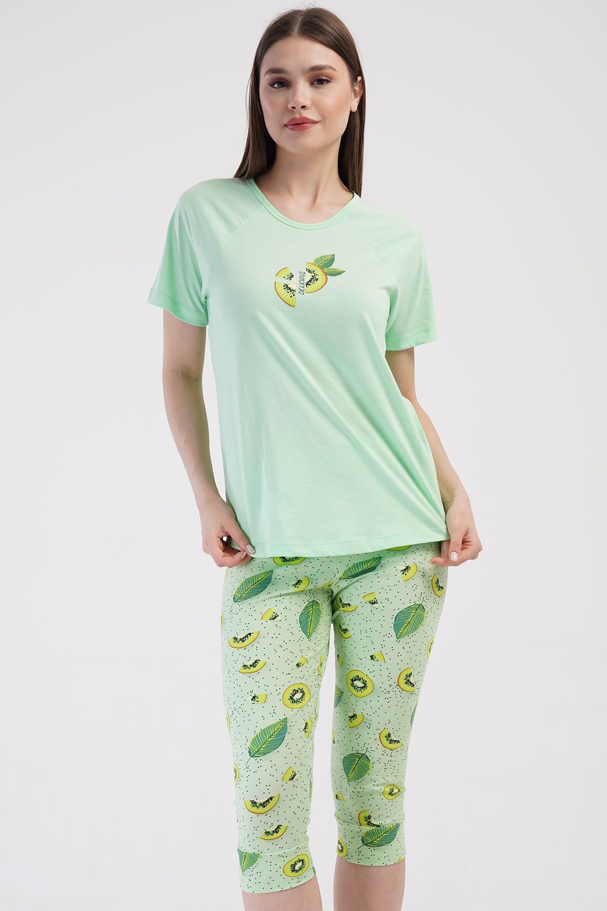 Pamuklu Kadın Kısa Kol Kaprili Pijama Takım
