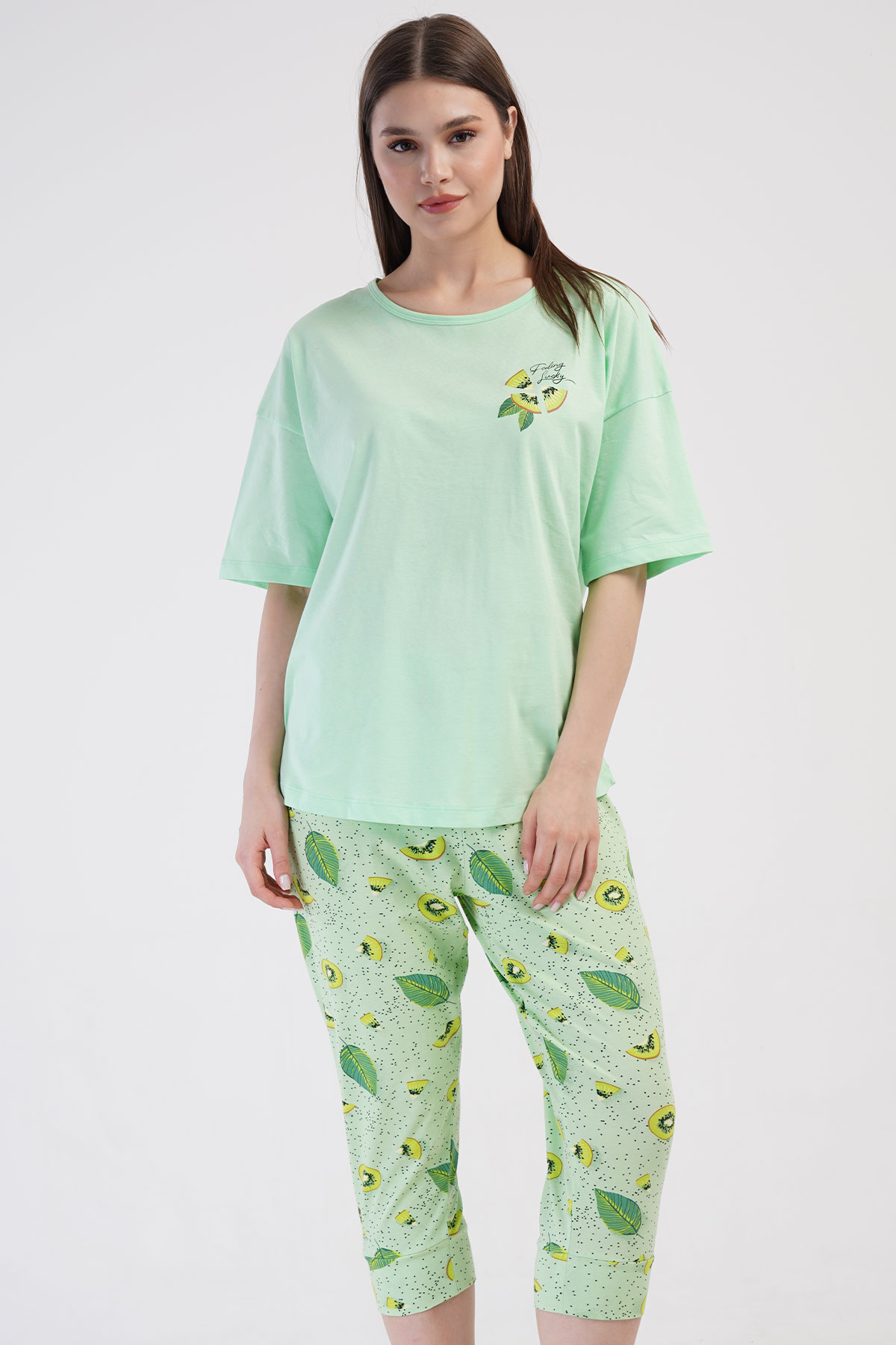 Pamuklu Kadın Büyük Beden Düşük Omuzlu Kısa Kol Kaprili Pijama Takım
