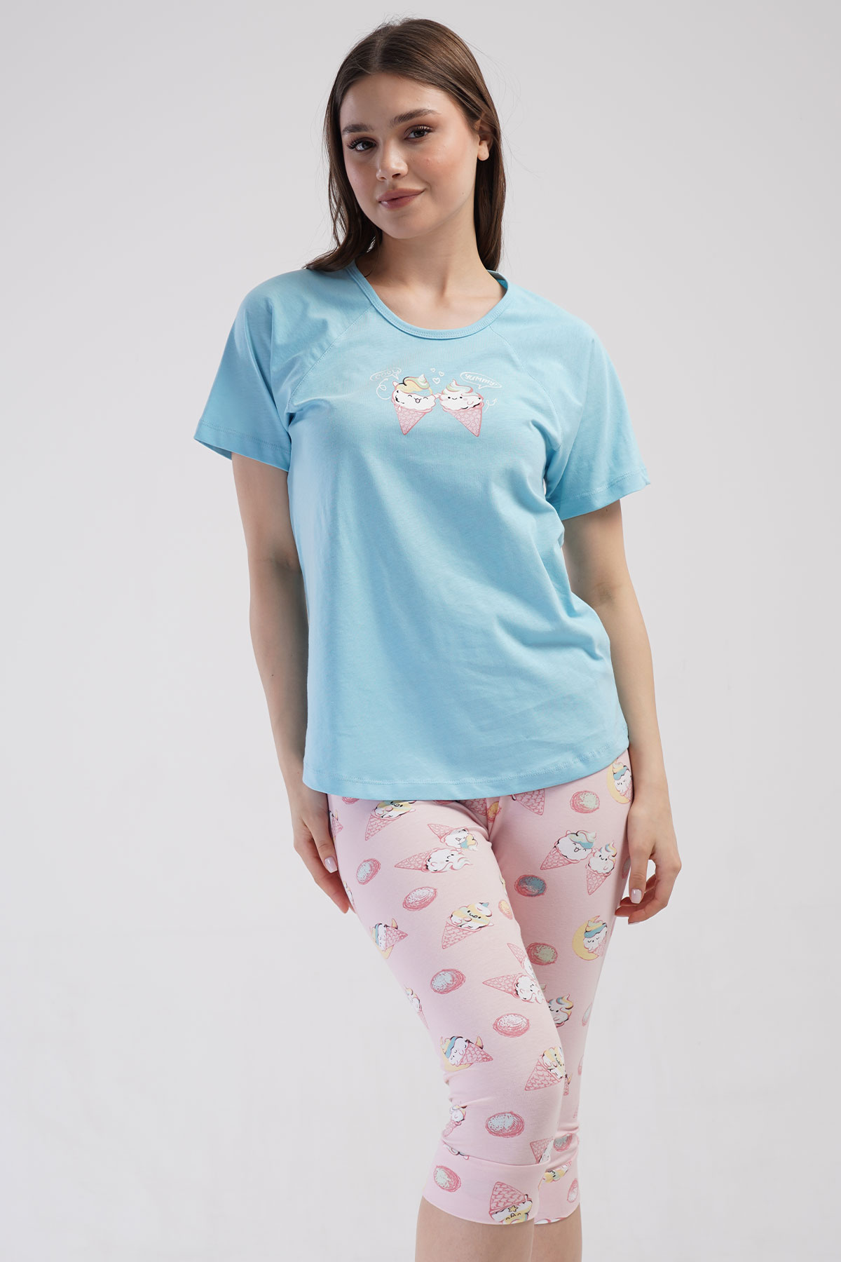 Pamuklu Kadın Kısa Kol Kaprili Pijama Takım
