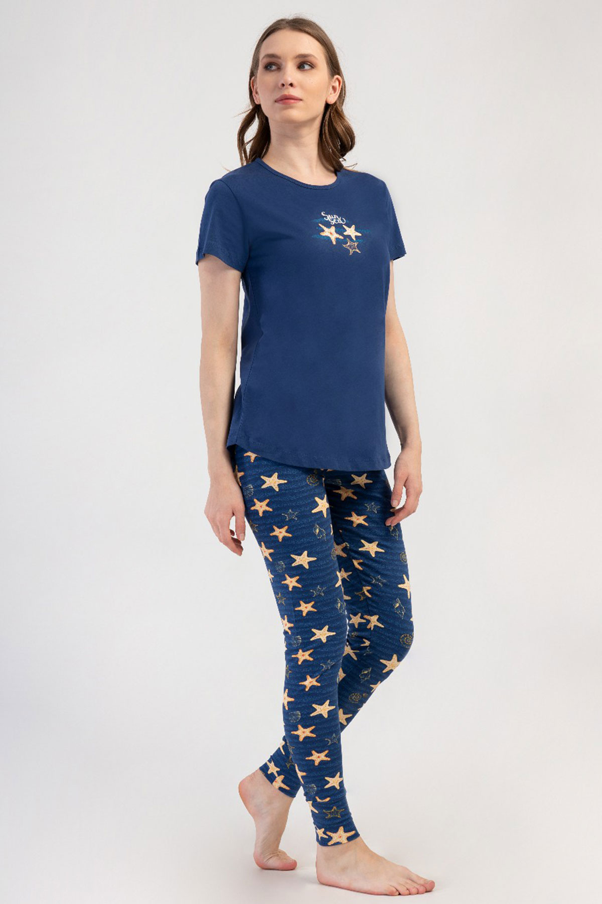 Pamuklu Kadın Kısa Kol Bluzu Uzun Tayt Pijama Takım
