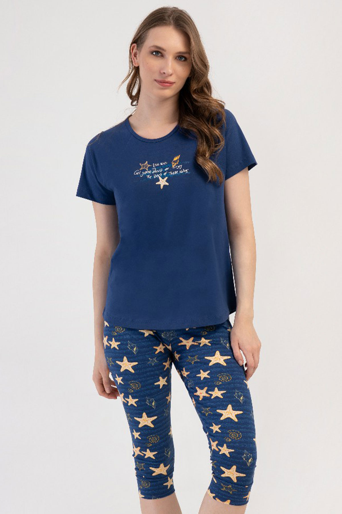 Pamuklu Kadın Kısa Kol Kaprili Pijama Takım
