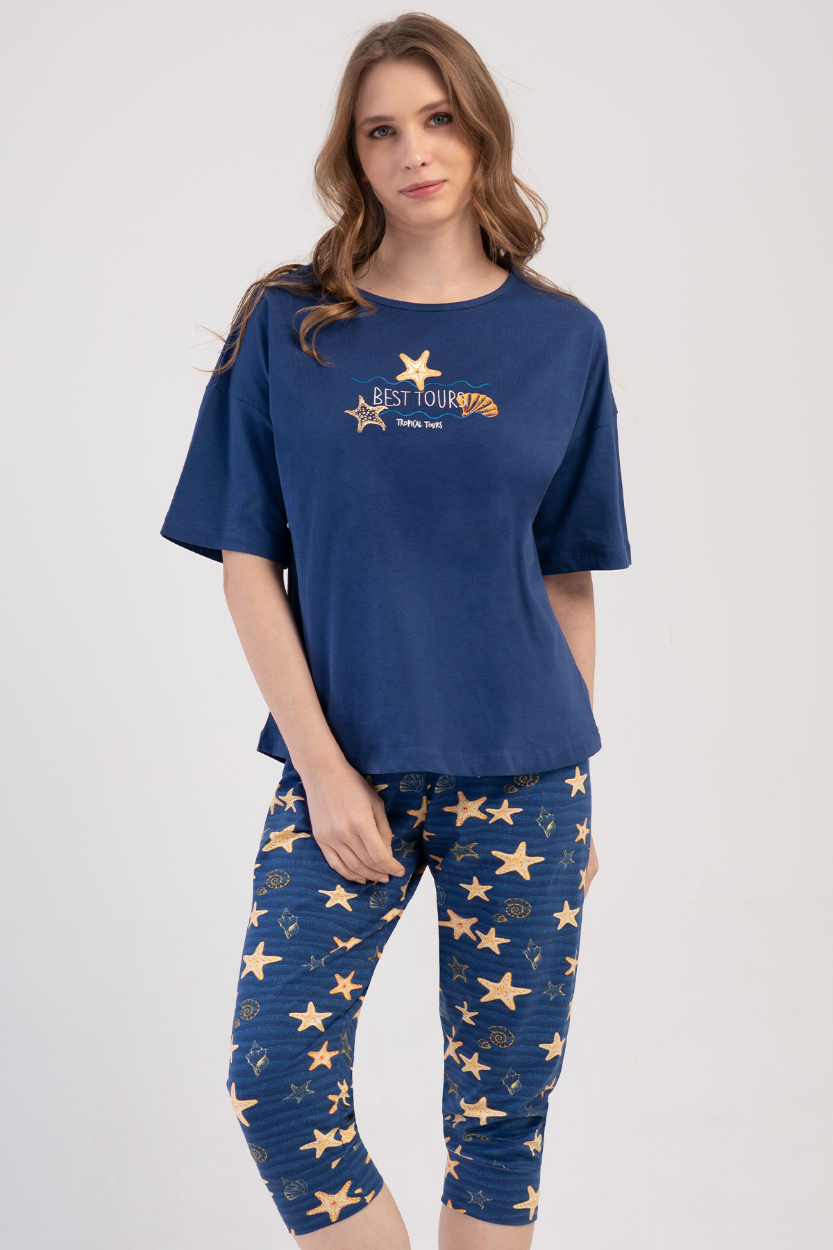 Pamuklu Kadın Büyük Beden Düşük Omuzlu Kısa Kol Kaprili Pijama Takım
