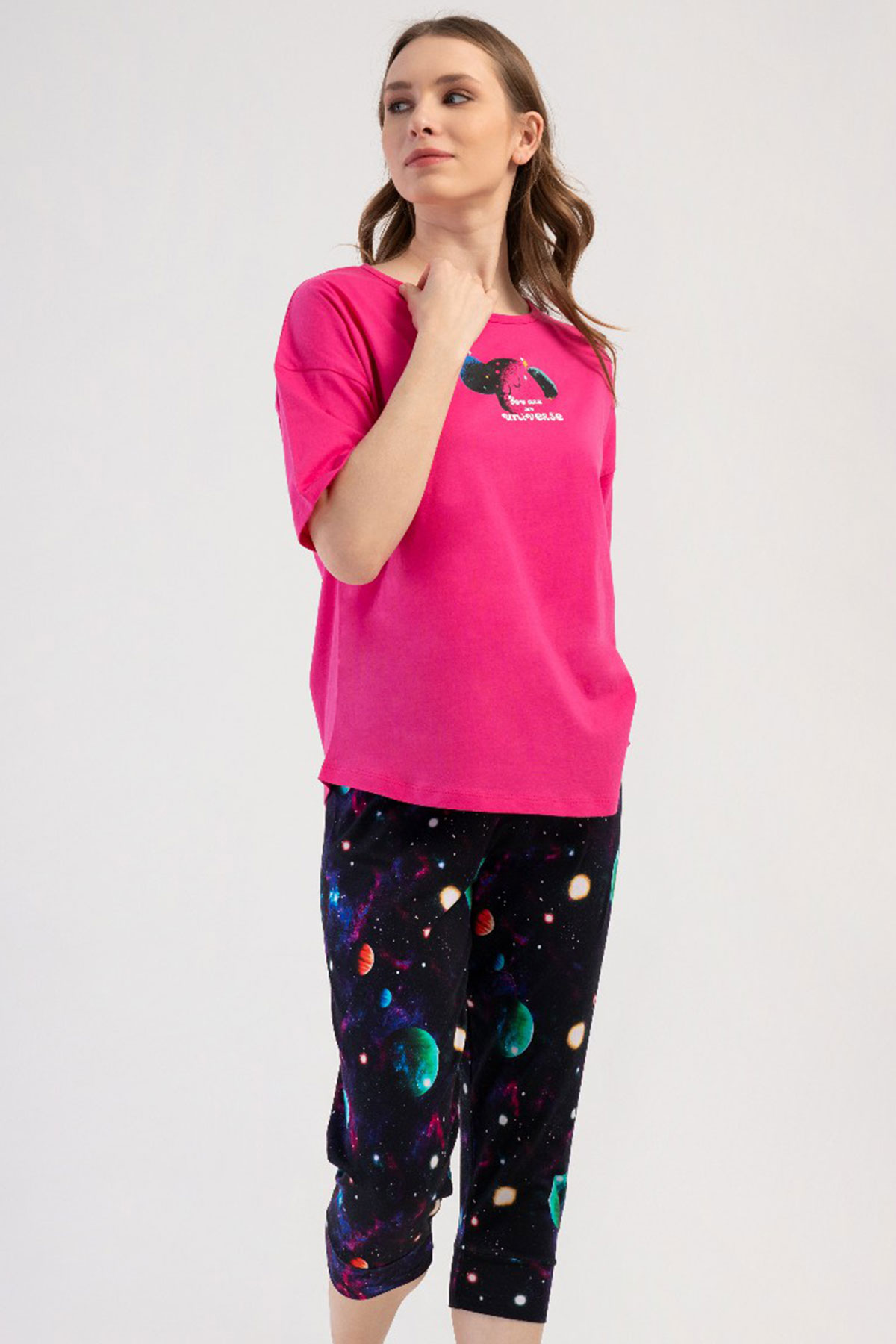Pamuklu Kadın Büyük Beden Düşük Omuzlu Kısa Kol Kaprili Pijama Takım
