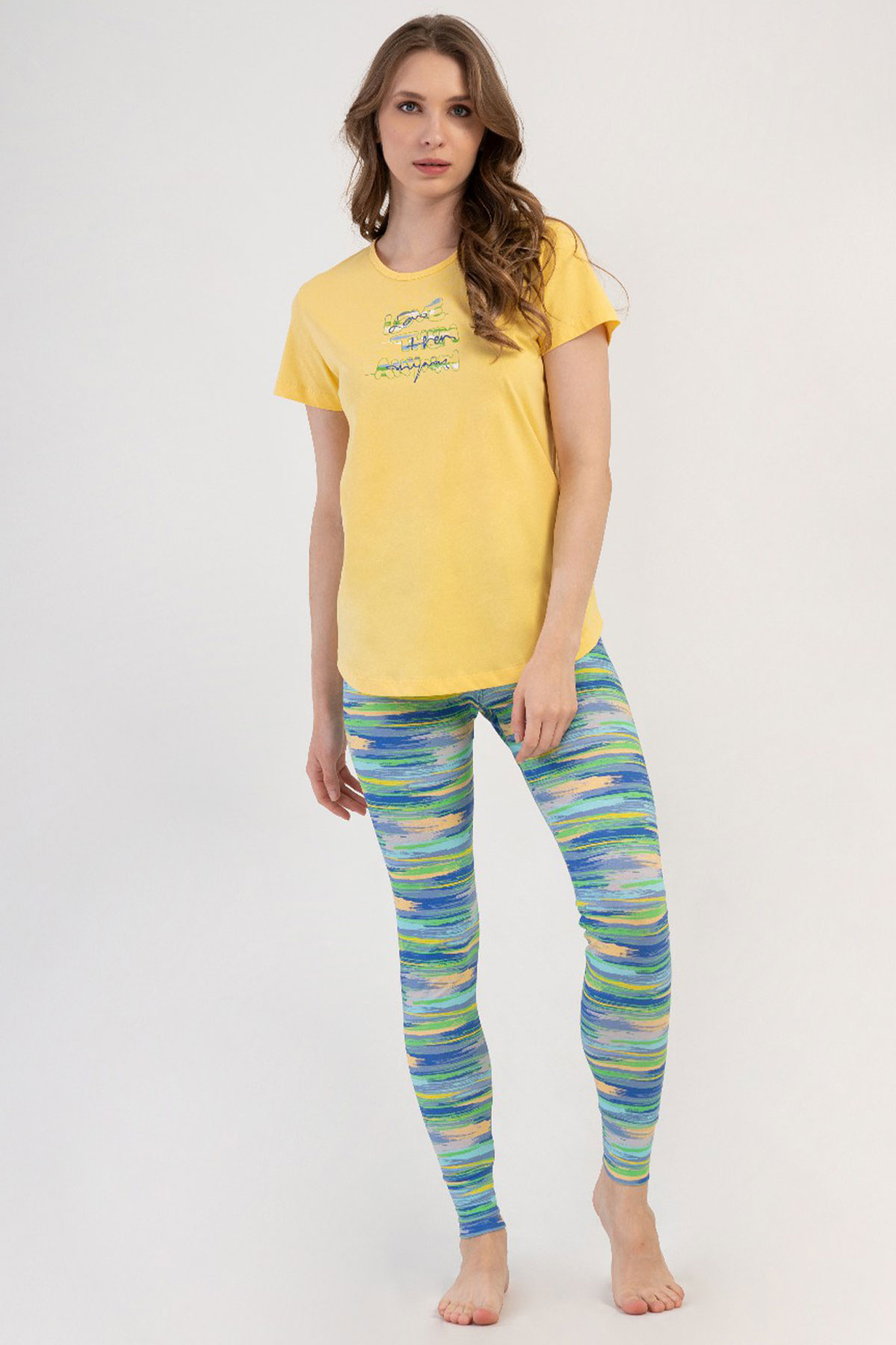 Pamuklu Kadın Kısa Kol Bluzu Uzun Tayt Pijama Takım
