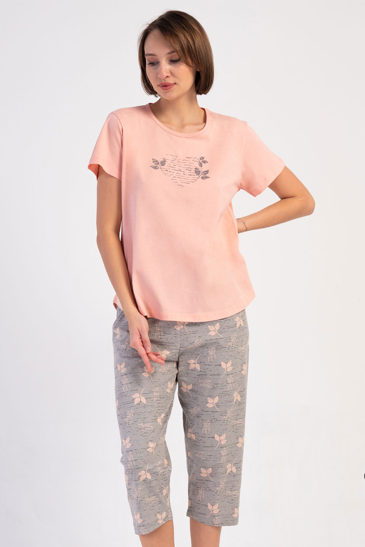 Pamuklu Kadın Büyük Beden Kısa Kol Kaprili Pijama Takım
