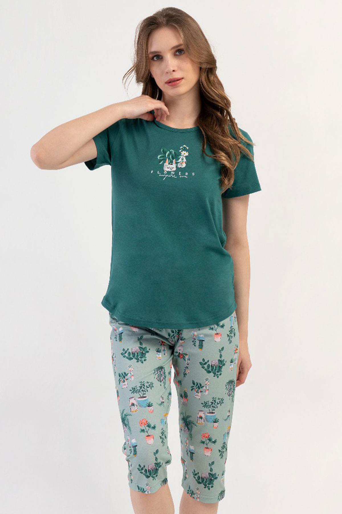 Pamuklu Kadın Kısa Kol Kaprili Pijama Takım
