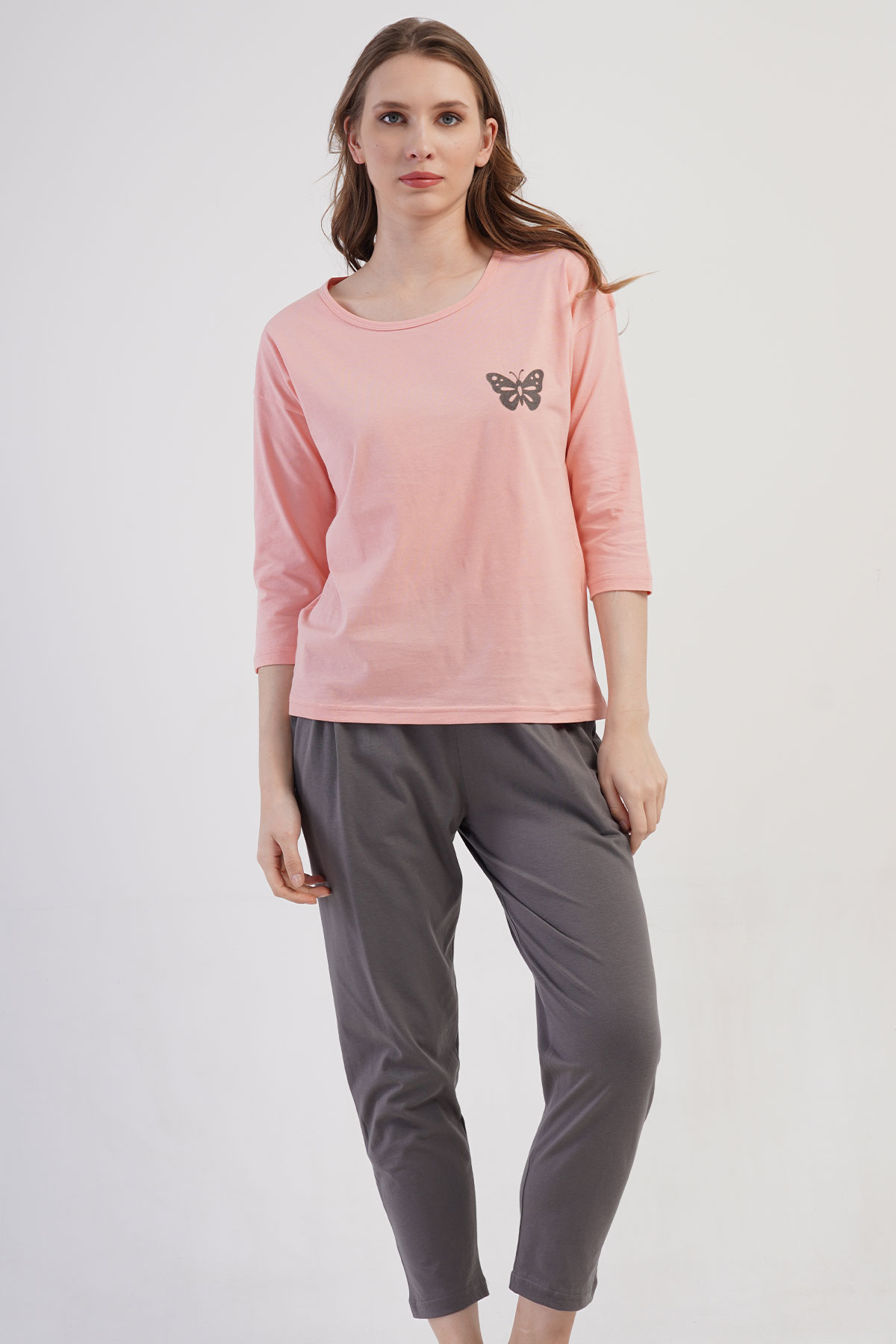 Pamuklu Kadın Büyük Beden Düşük Omuzlu 3/4Kol Pılelı 7/8 Boy Pijama Takım
