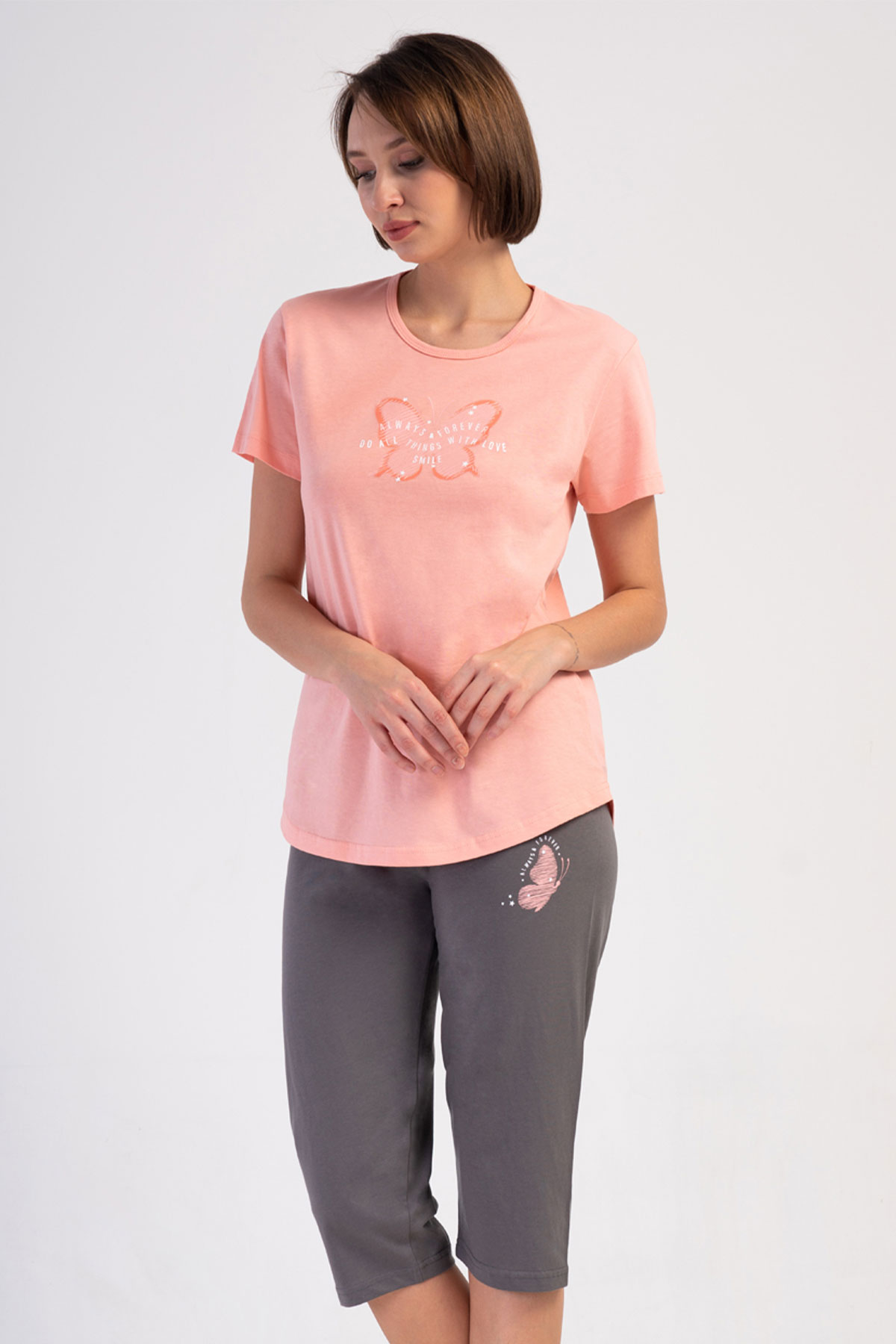 Pamuklu Kadın Kısa Kol Kaprili Pijama Takım
