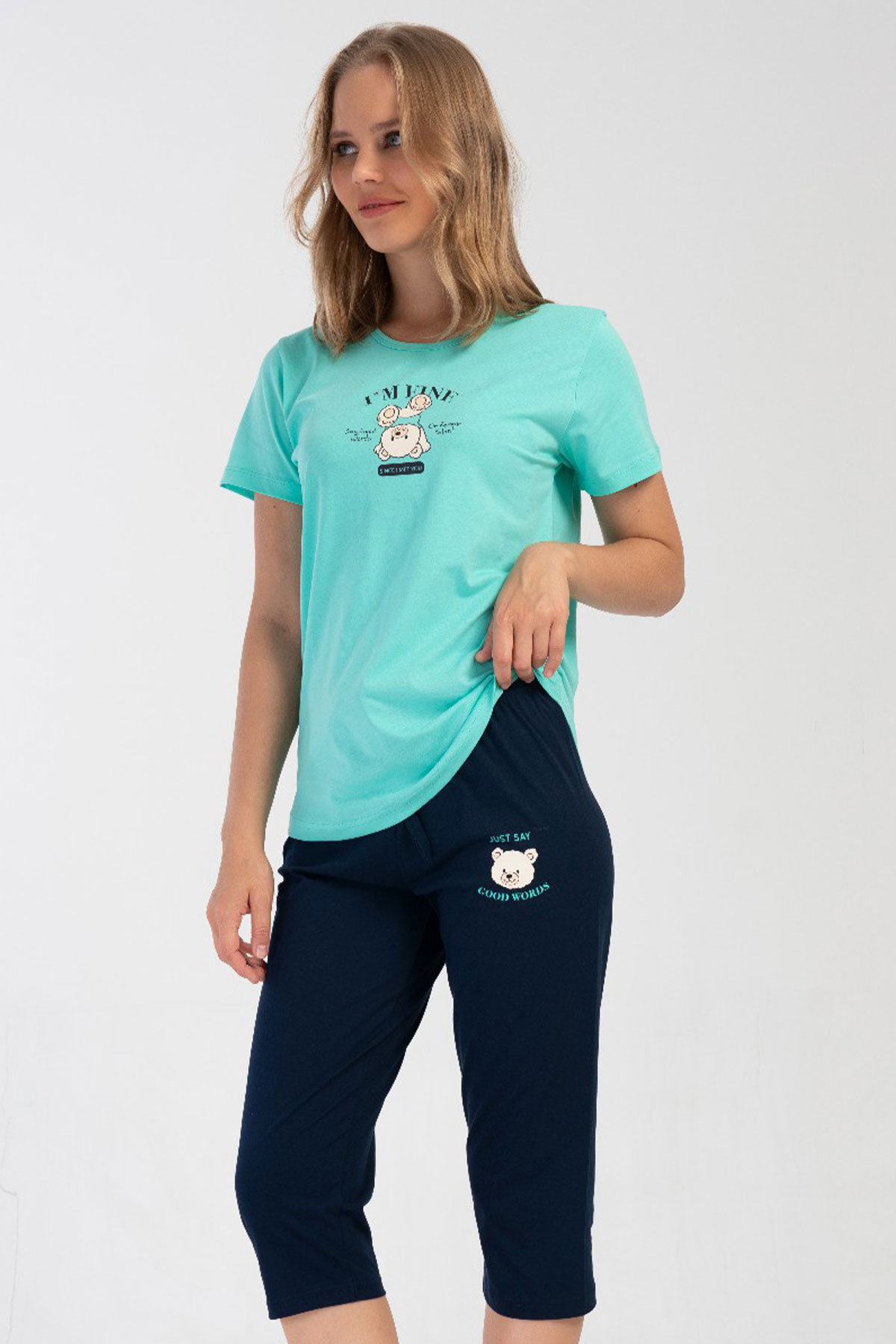 Pamuklu Kadın Kısa Kol Kaprili Pijama Takım
