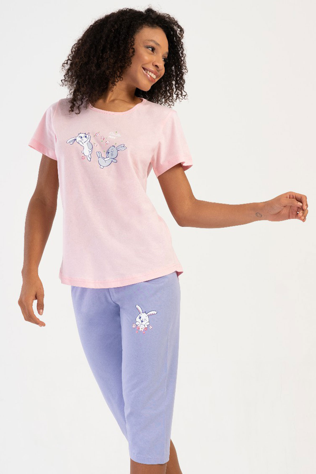 Pamuklu Kadın Kısa Kol Kaprili Pijama Takım
