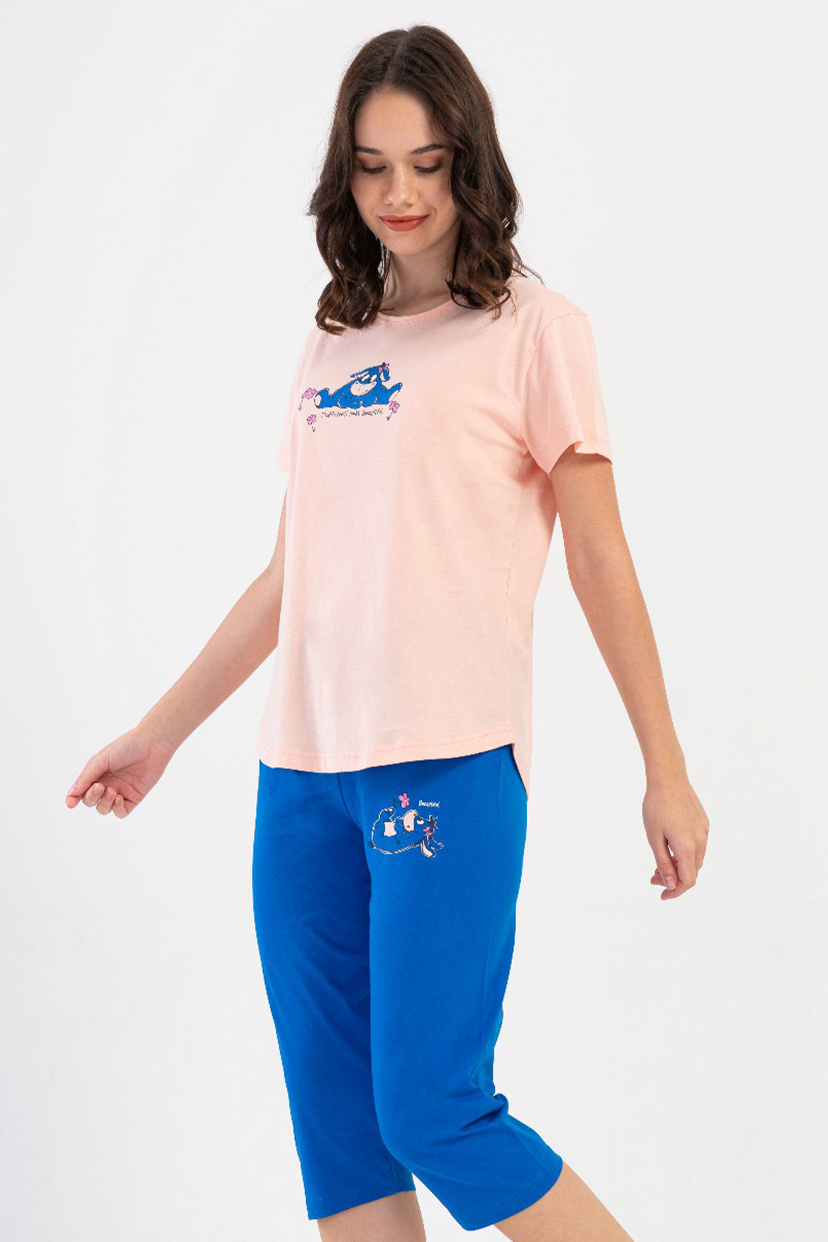 Pamuklu Kadın Kısa Kol Kaprili Pijama Takım
