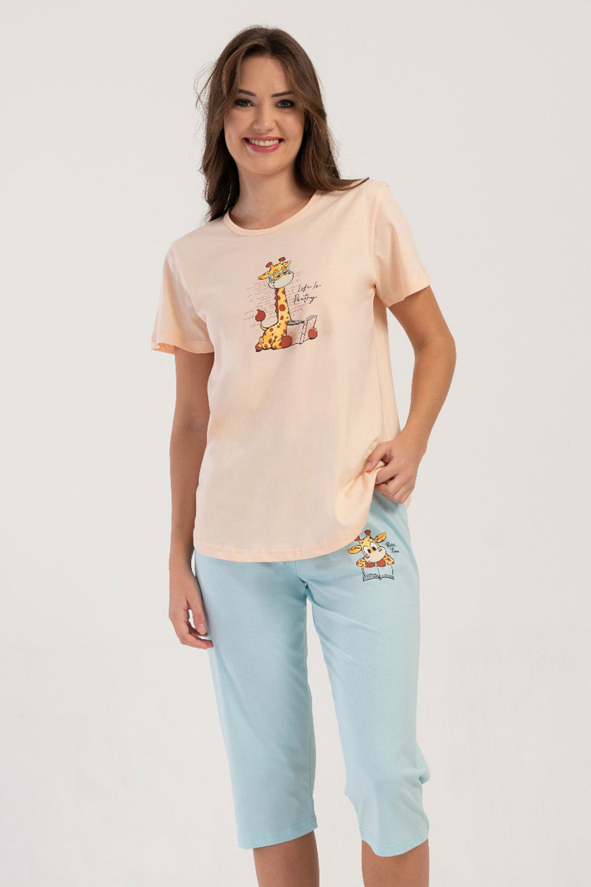 Pamuklu Kadın Kısa Kol Kaprili Pijama Takım
