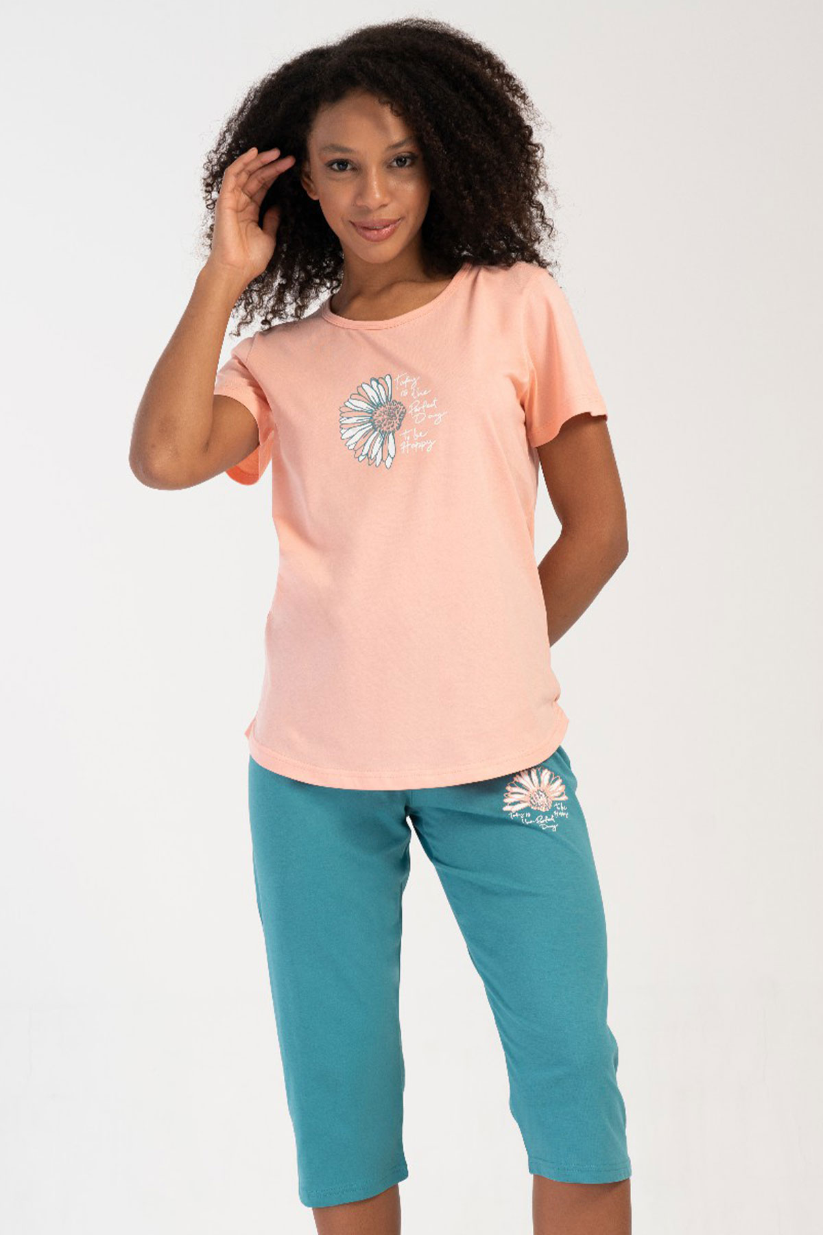 Pamuklu Kadın Büyük Beden Kısa Kol Kaprili Pijama Takım

