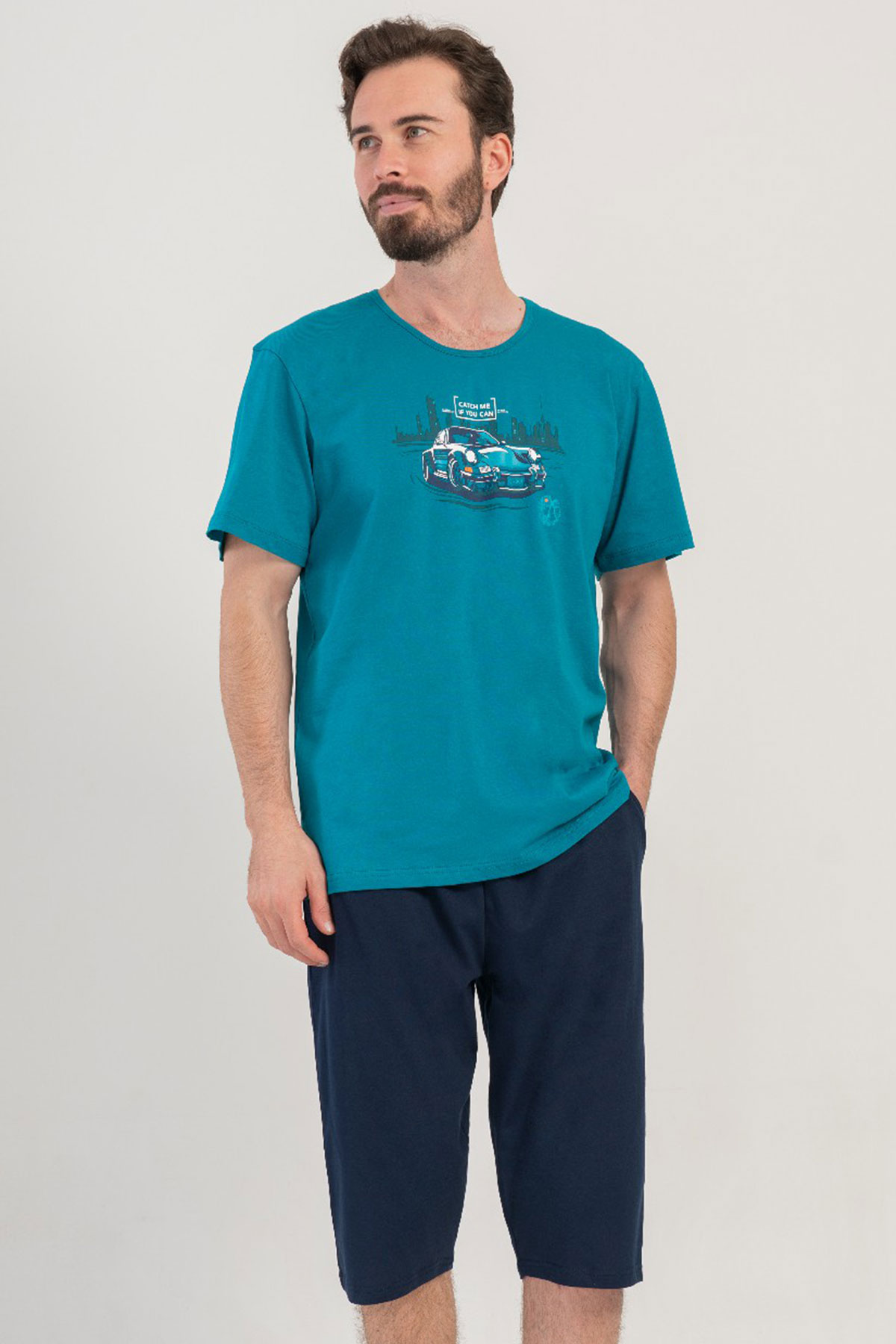 Pamuklu Erkek Kısa Kol Kaprili Pijama Takım
