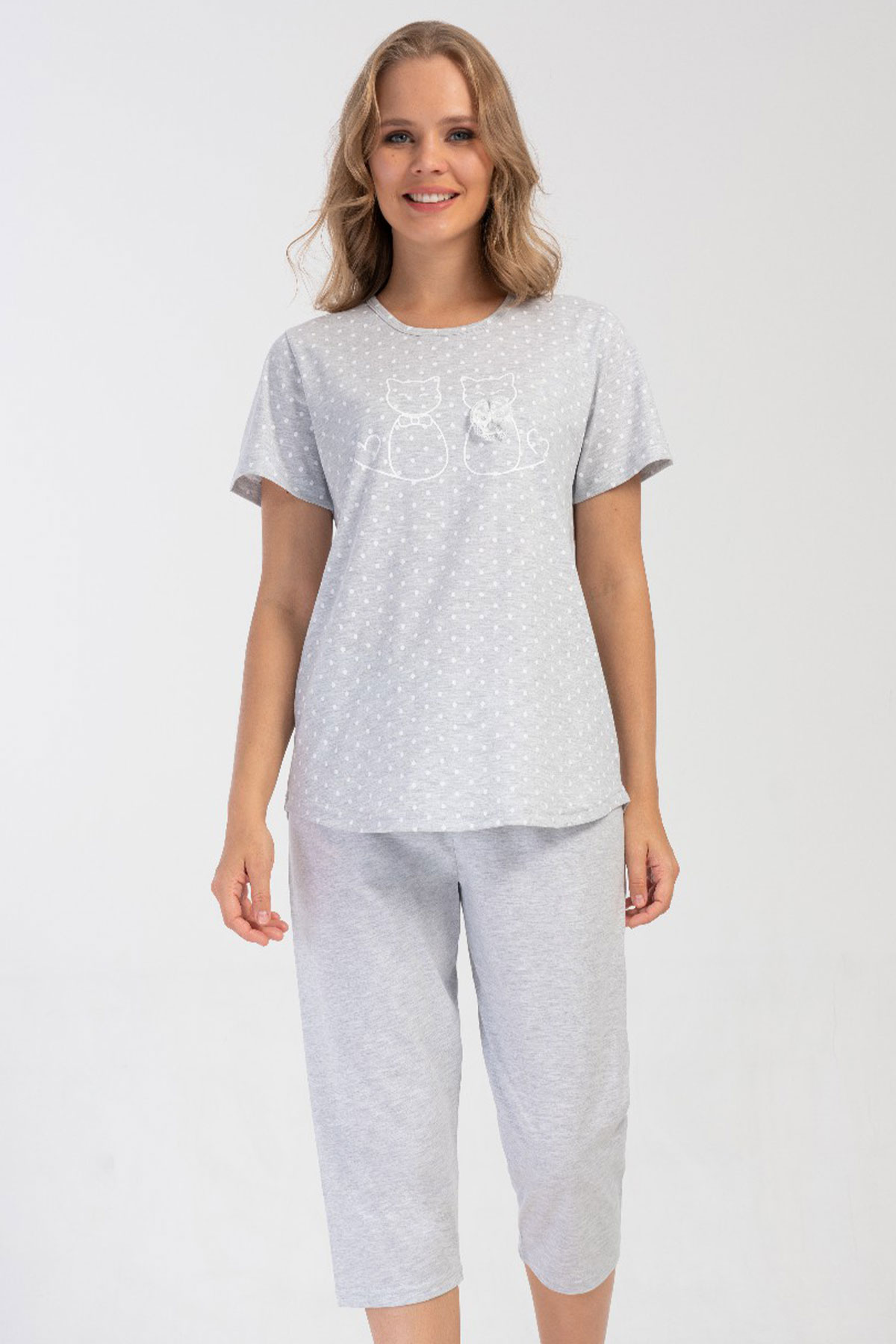 Kadın Büyük Beden Kısa Kol Kaprili Pijama Takım
