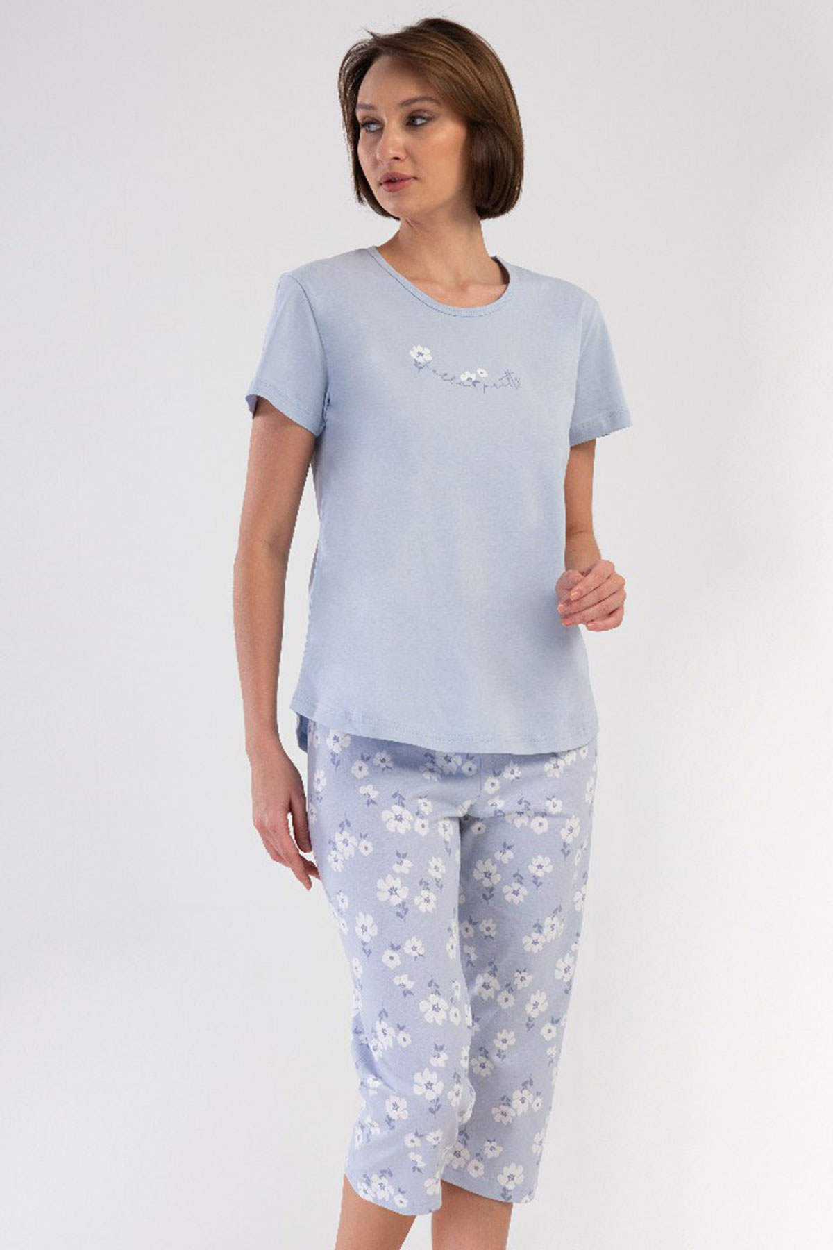 Pamuklu Kadın Kısa Kol Kaprili Pijama Takım
