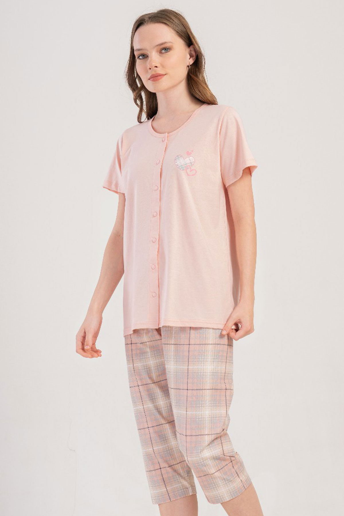 Pamuklu Kadın Büyük Beden Tamamı Düğmeli Kısa Kol Kaprili Pijama Takım
