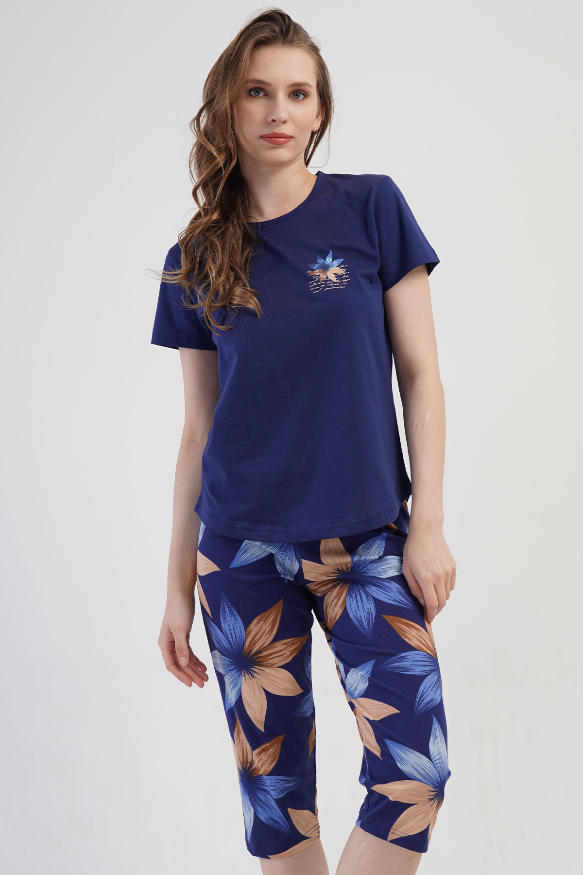 Pamuklu Kadın Kısa Kol Kaprili Pijama Takım
