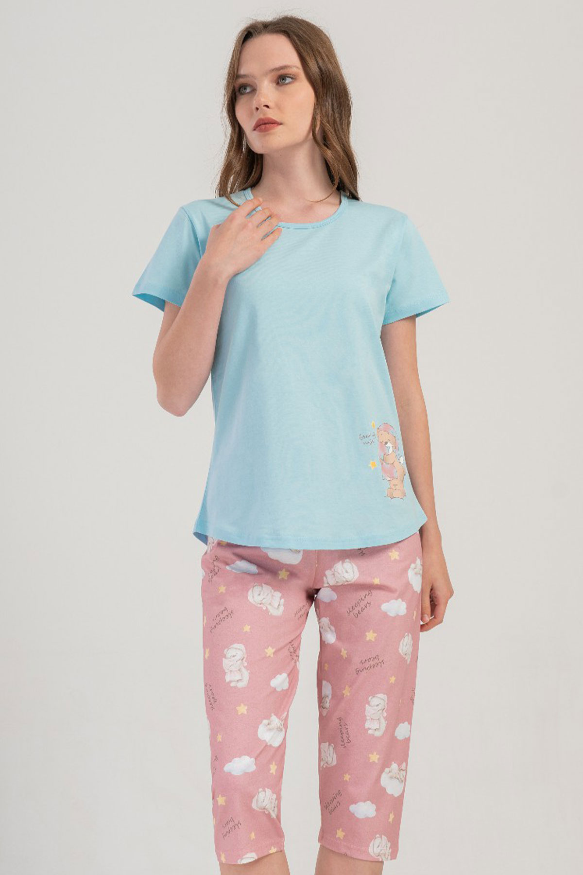 Pamuklu Kadın Kısa Kol Kaprili Pijama Takım

