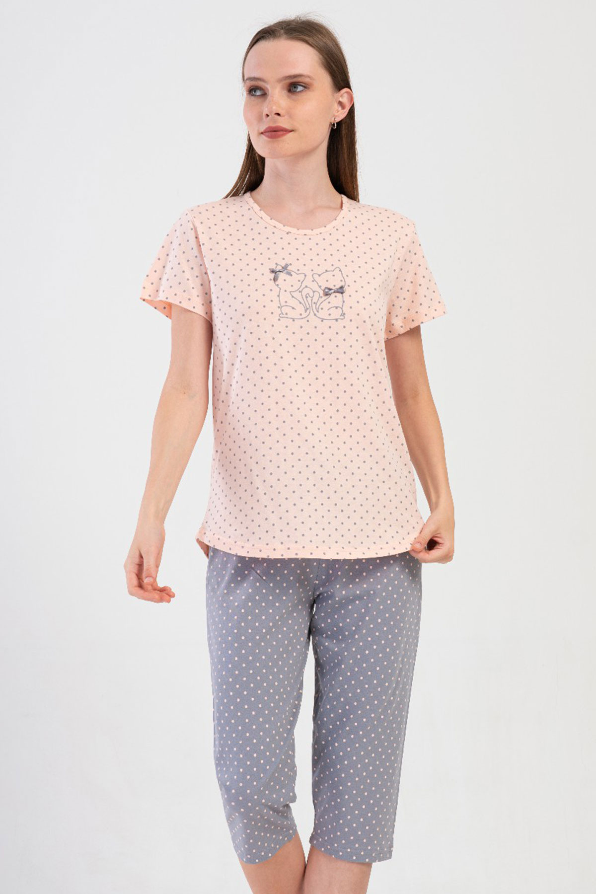 Pamuklu Kadın Kısa Kol Kaprili Pijama Takım
