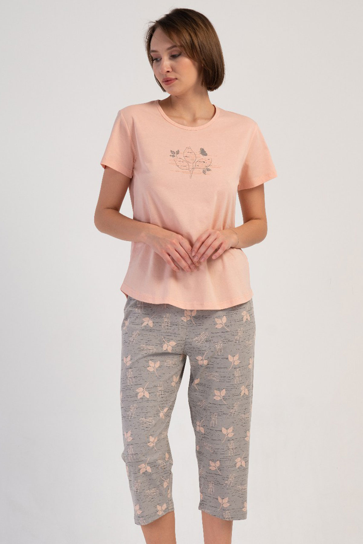 Pamuklu Kadın Kısa Kol Kaprili Pijama Takım
