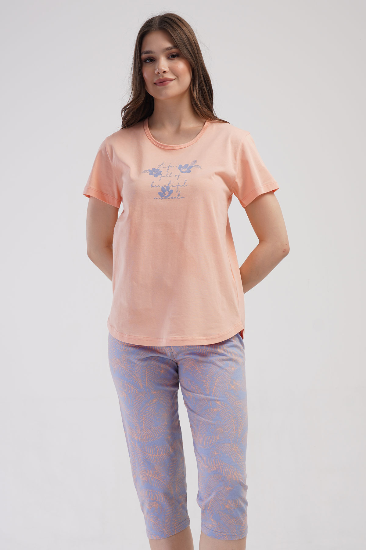 Pamuklu Kadın Kısa Kol Kaprili Pijama Takım
