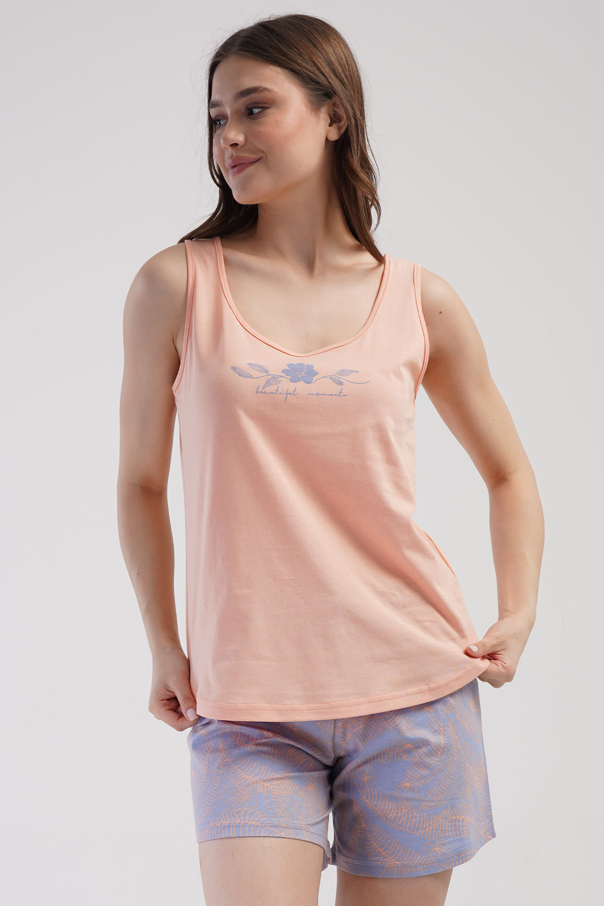 Pamuklu Kadın Genıs Askılı Şortlu Pijama Takım
