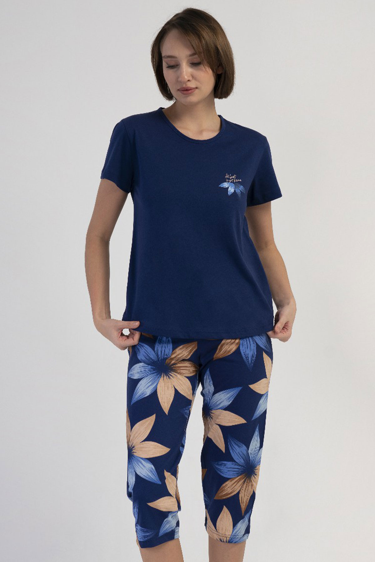 Pamuklu Kadın Kısa Kol Kaprili Pijama Takım
